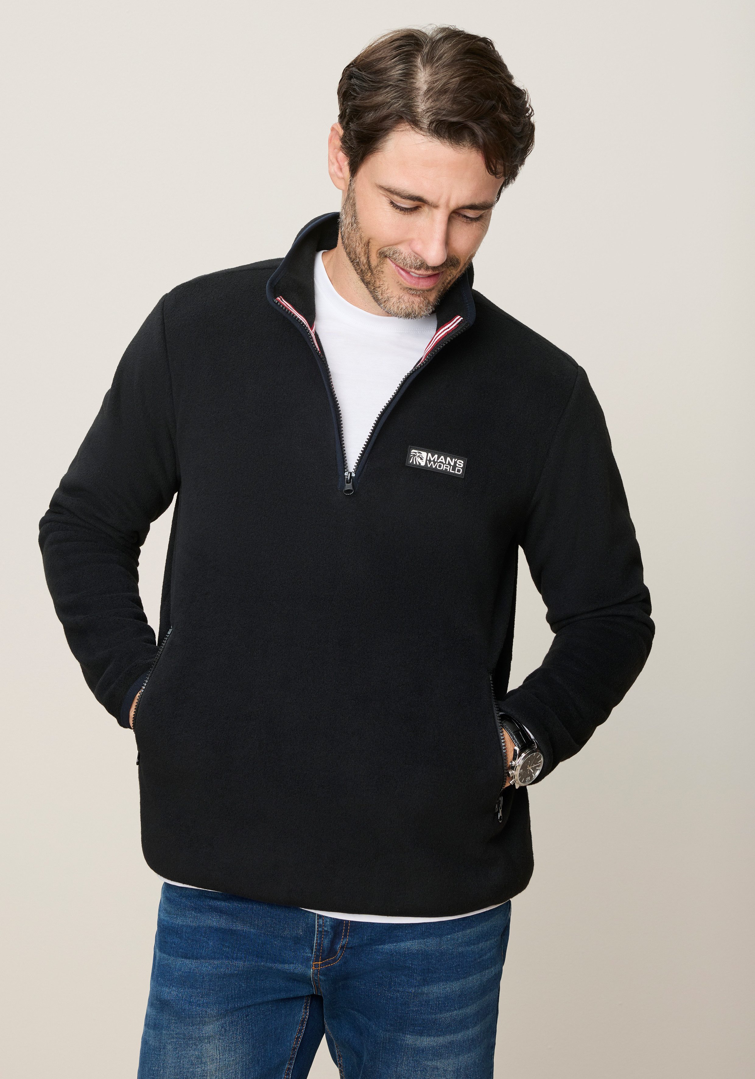 Man's World Fleecepullover mit hochschließendem Kragen und Reißverschluss, Langarm