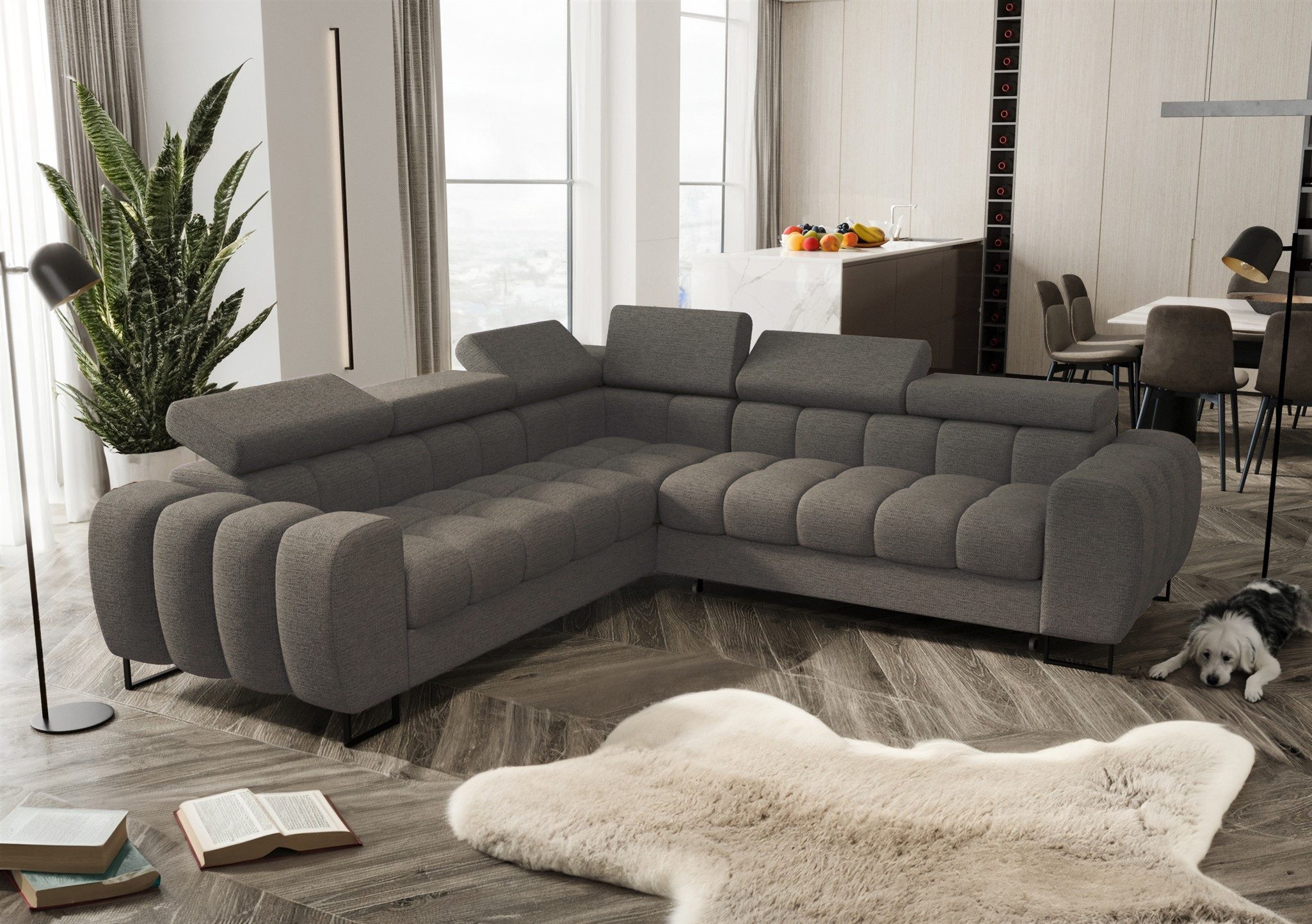 Fun Möbel Ecksofa Schlafsofa BASTIEN Seite Universal in Stoff, inkl. Bettkasten, mit Rundumbezug, ausziehbare Liegefläche