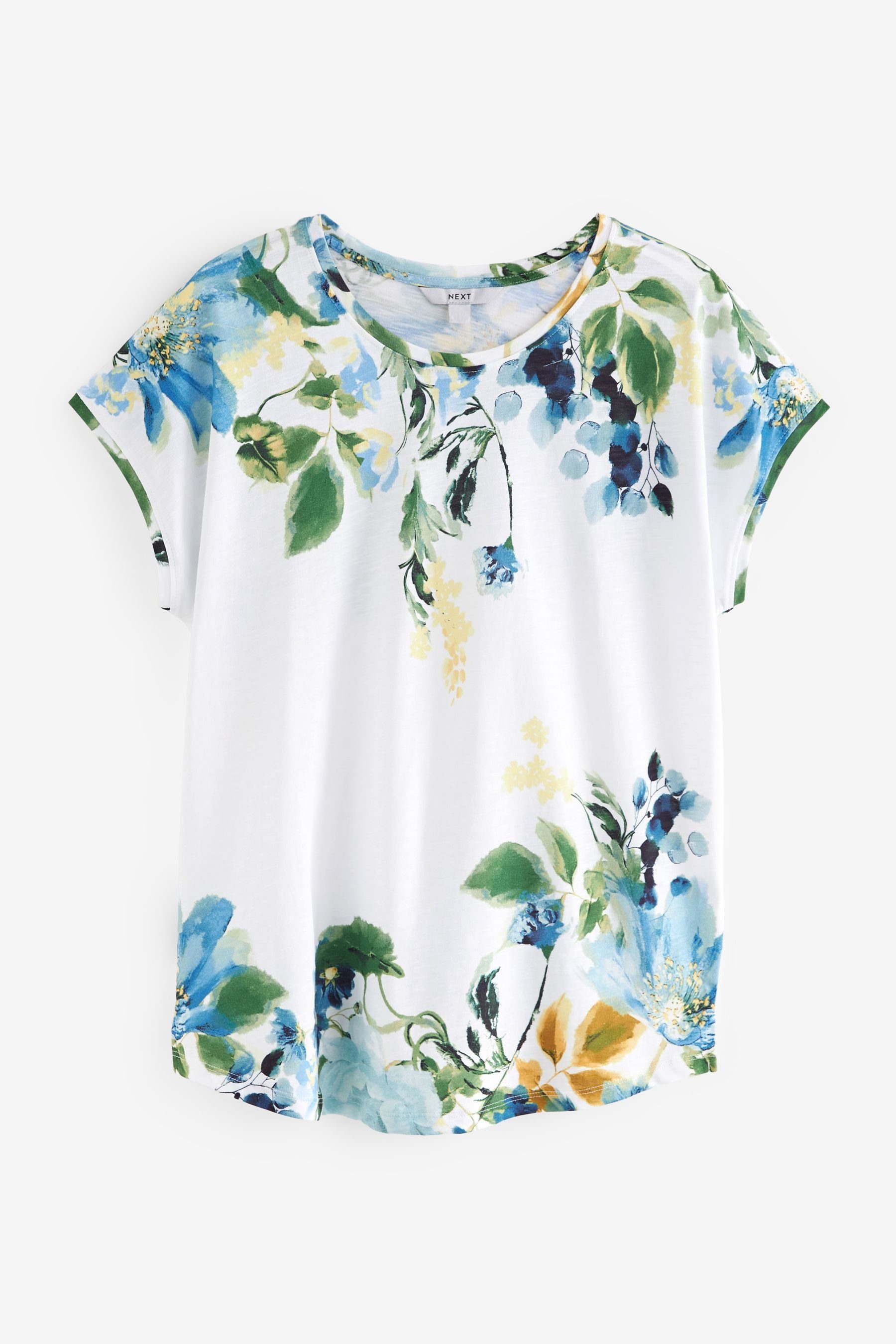 Next Kurzärmeliges T-Shirt Rundhalsausschnitt (1-tlg) Ecru Floral T-Shirt Slub mit White