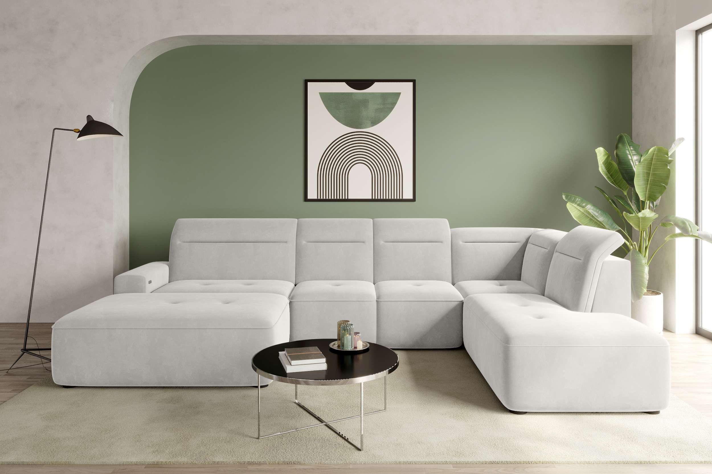 99rooms Wohnlandschaft Elvaro, Sofa, U-Form, Bezug aus Velours PALLADIUM, mit elektrischer Sitztiefenverstellung