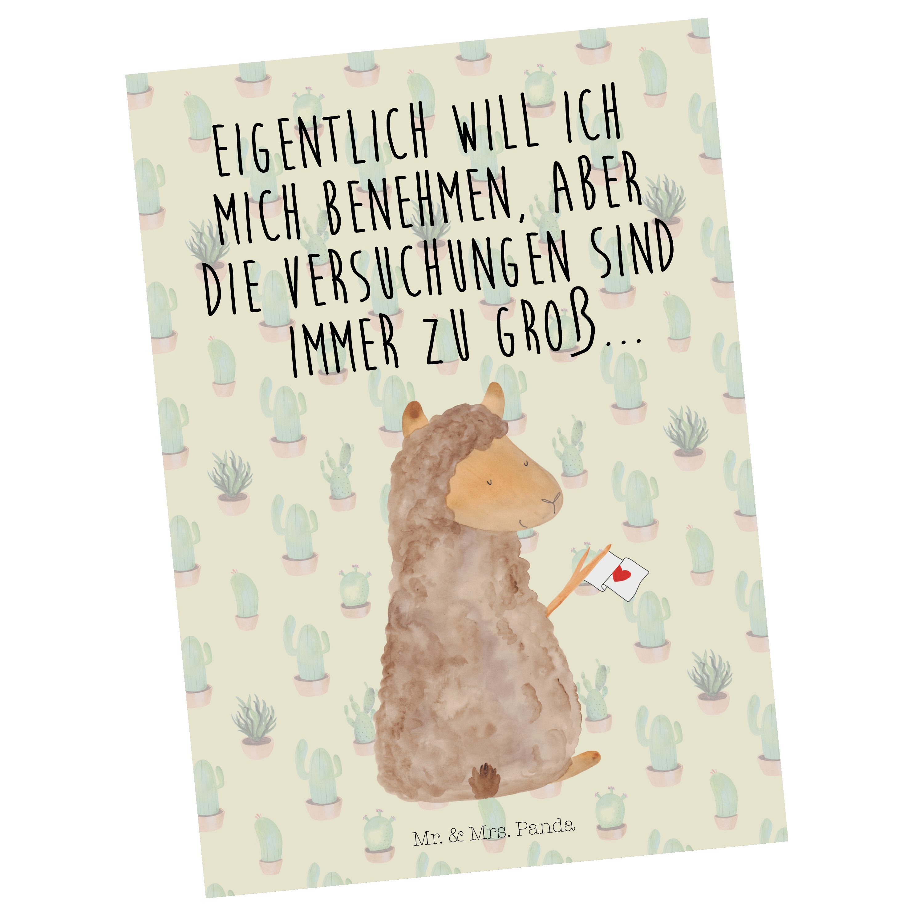 Mr. & Mrs. Panda Postkarte Alpaka Fahne - Kaktus Grün - Geschenk, Geburtstagskarte, Lamas, Karte