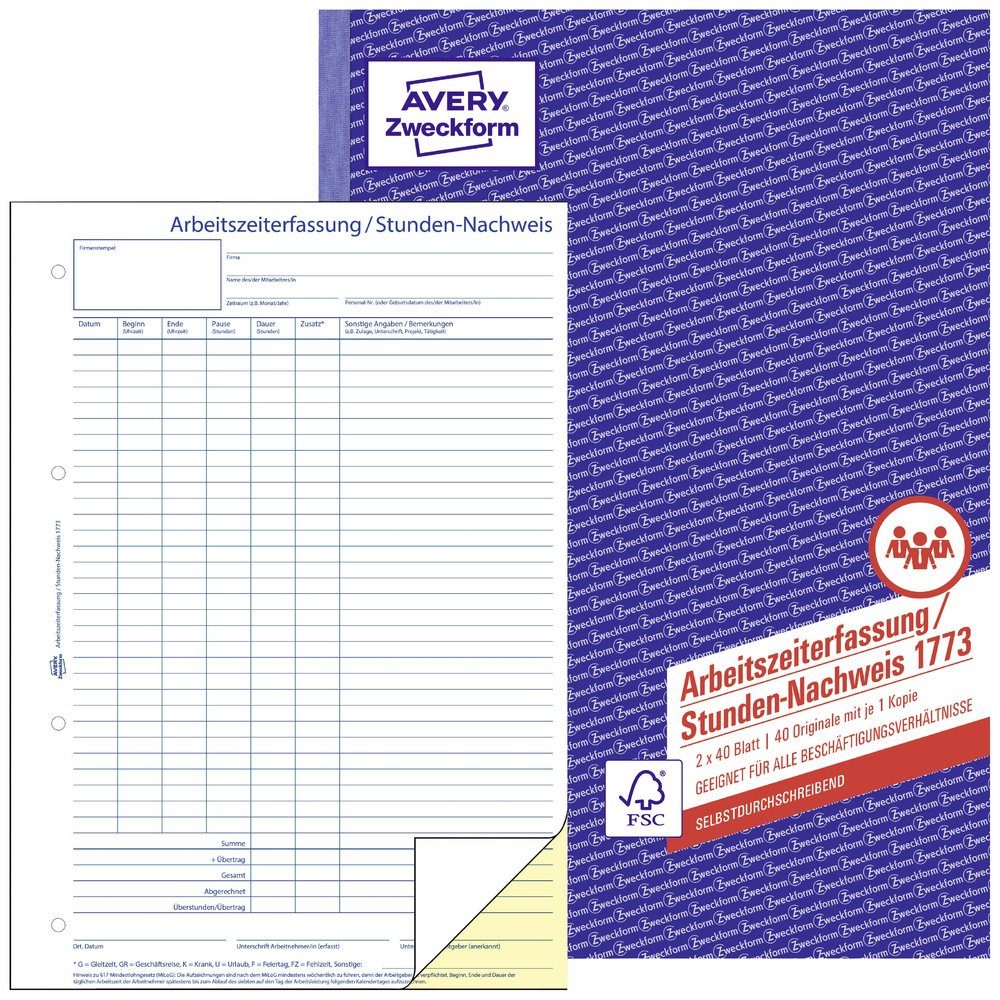 Avery Zweckform Formularblock Avery-Zweckform Stundennachweis Formular 1773 DIN A4