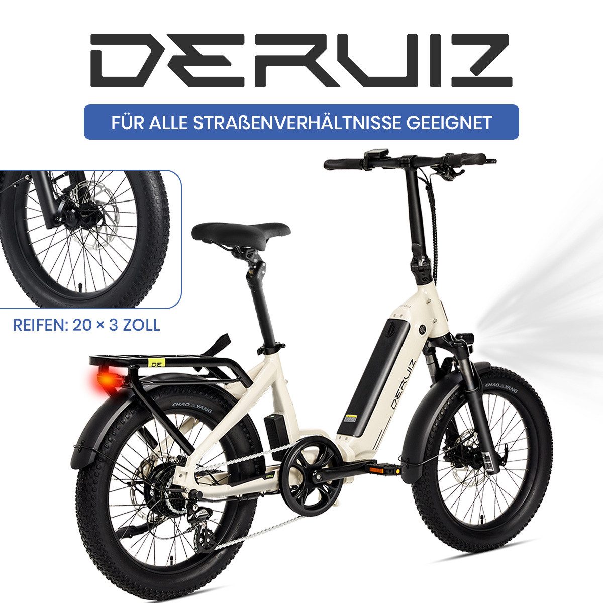 DERUIZ E-Bike Klapprad 20x3,0 Zoll, max. 140km, Federsattelstütze, mit Bluetooth, 5 Stufen, 8 Gang SHIMANO SHIMANO ALTUS 11-32T Schaltwerk, Kettenschaltung, Heckmotor, 500 Wh, (mit Akku-Ladegerät, mit Werkzeug), RH:36cm, Bremslicht, Gepäckträger (max.50kg), hydraulische Bremsen