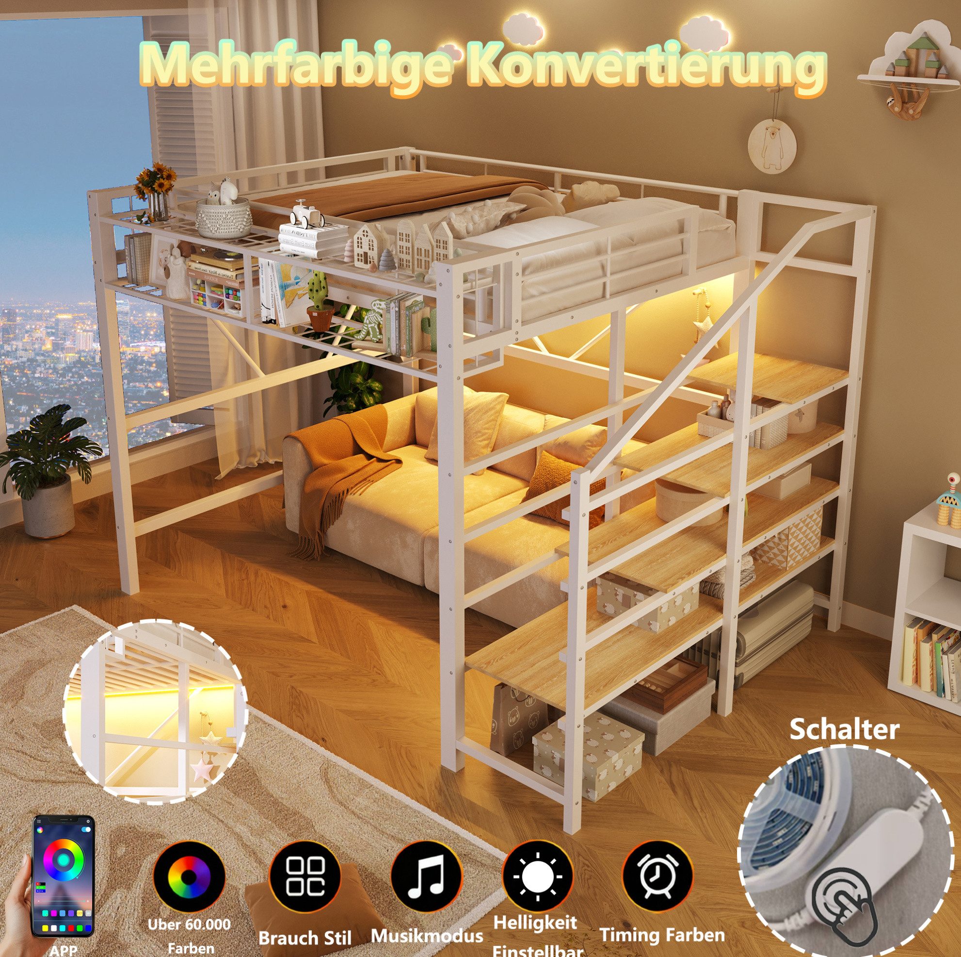 MODFU Hochbett Kinderbett aus Metall mit offenem Stauraum, LED-Leiste (Jugendbett 140x200 cm mit Gitterelementen, Stufen-Ablageregal und Aufbewahrungskorb, Eisenbett) ohne Matratze