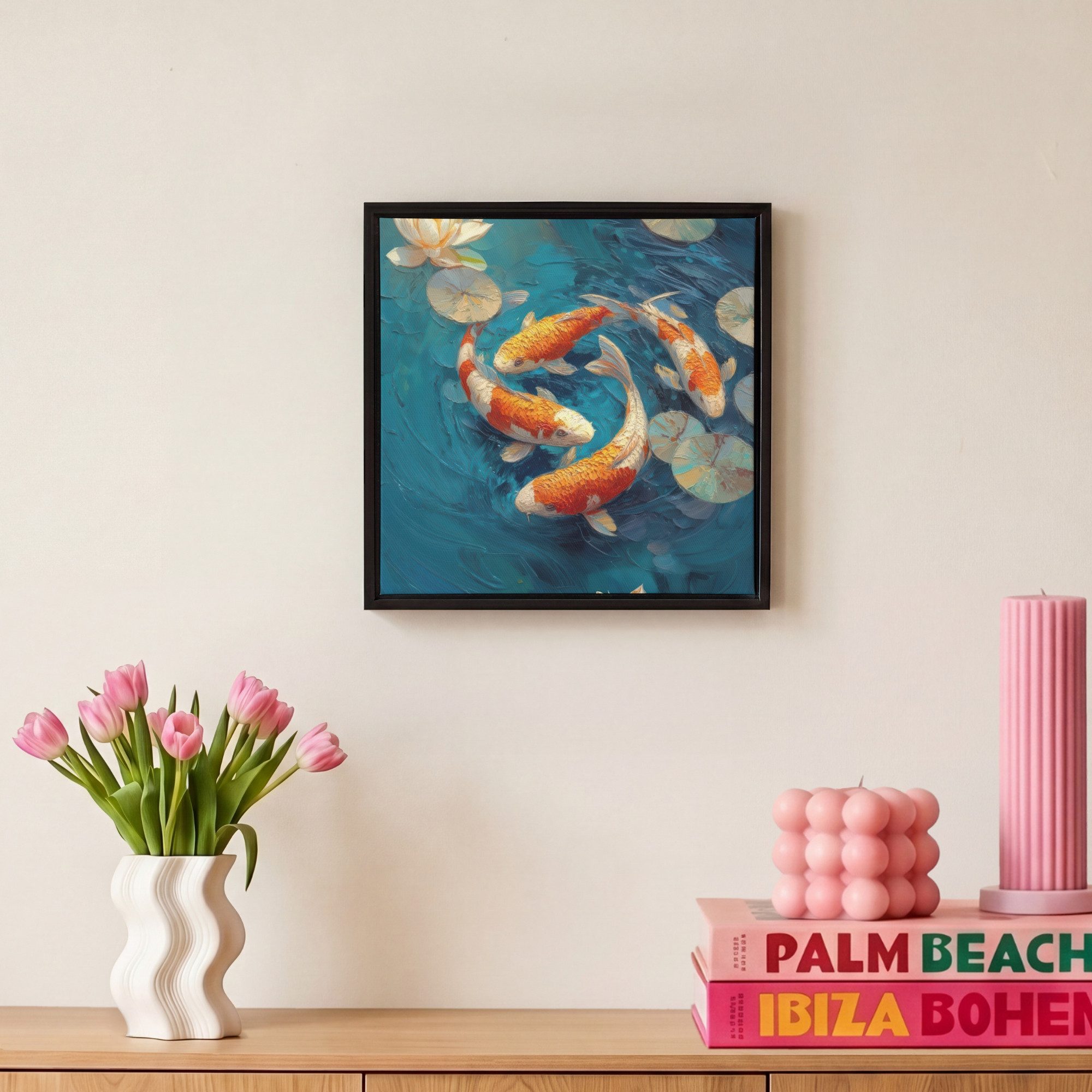 OneMillionCanvasses® Leinwandbild mit Rahmen - Fische - Seerosen - Orange - Wasser, Fotodruck (1 St), Leinwand Bilder Klein, Wand Dekoration Aesthetic 20x20cm – Bild 4 von 5