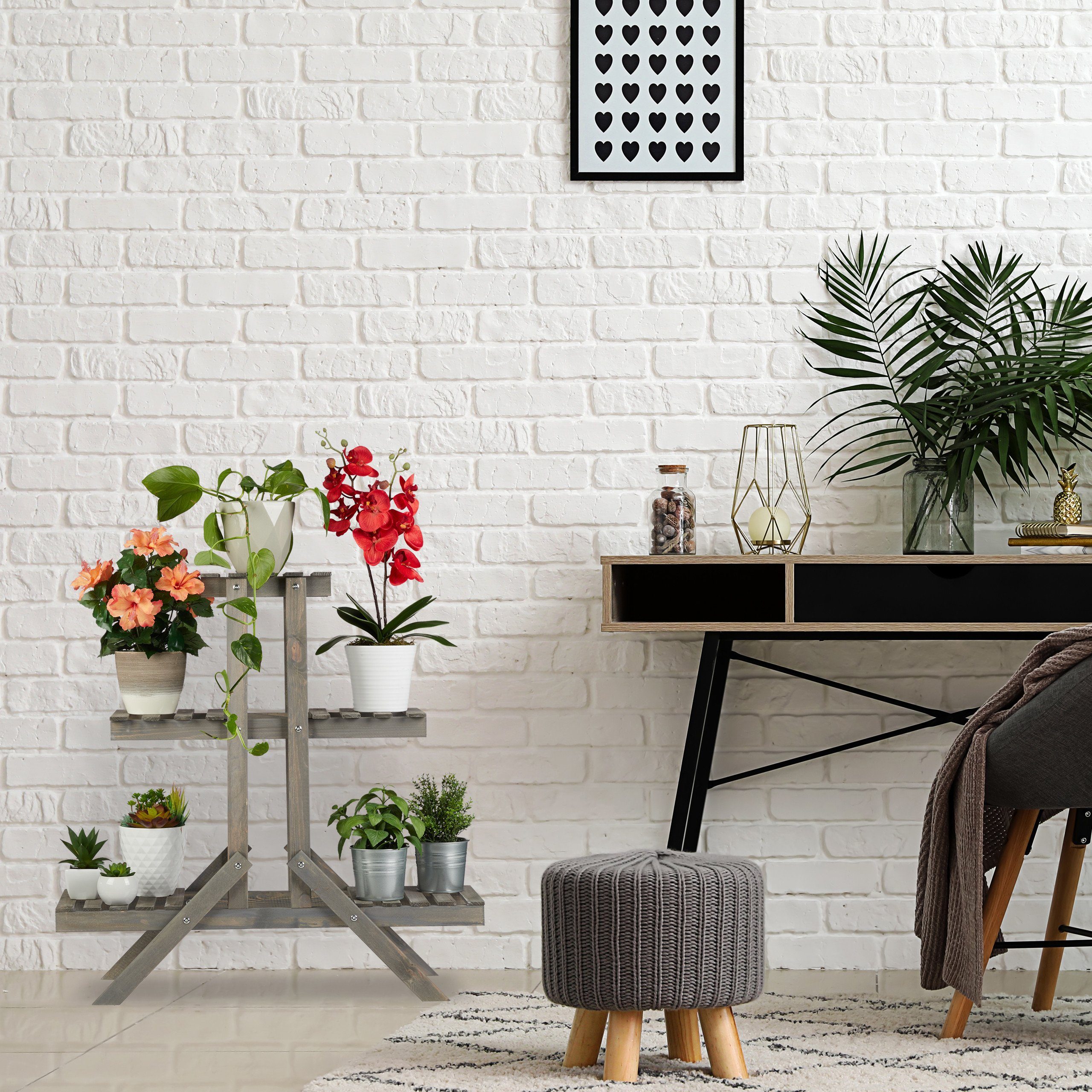 relaxdays Blumenständer Blumentreppe Holz mit 3 Stufen, grau