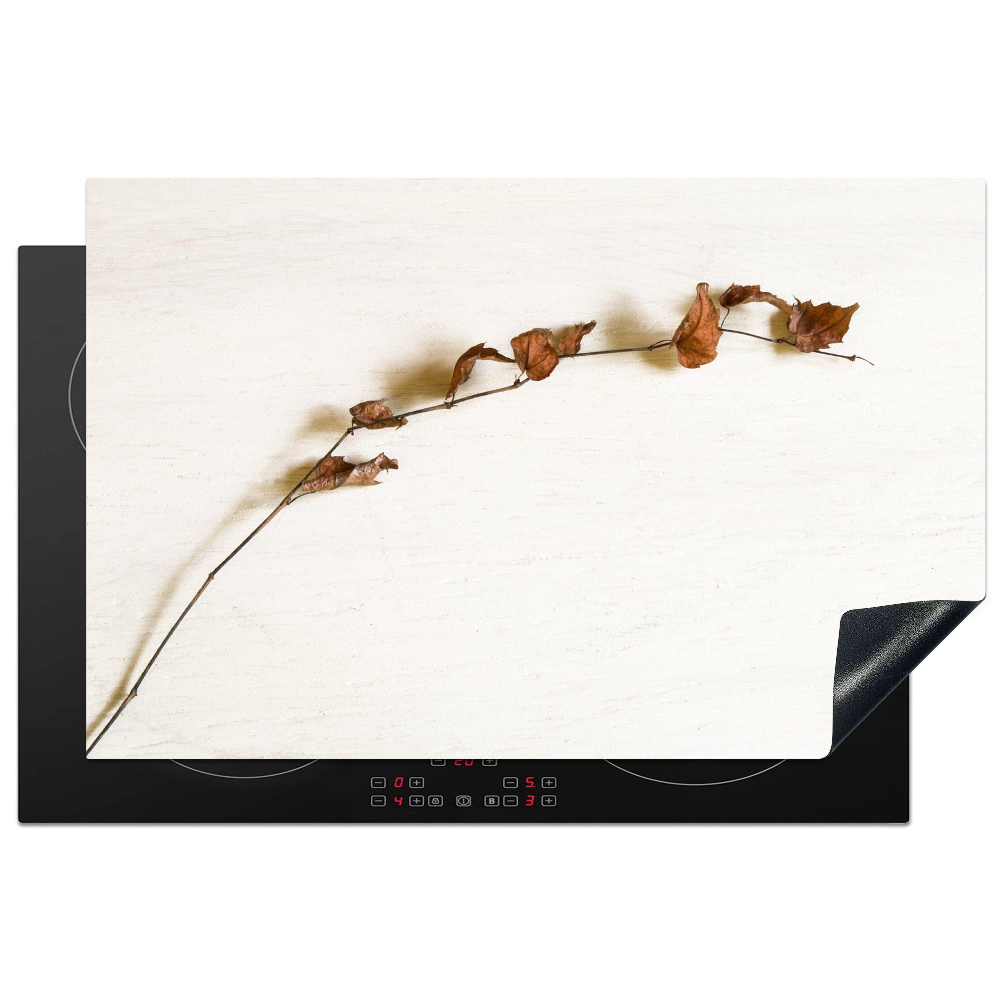 MuchoWow Herdblende-/Abdeckplatte Zweig mit kleinen braunen Blättern vor einem weißen Hintergrund, Vinyl, (1 tlg), 81x52 cm, Induktionskochfeld Schutz für die küche, Ceranfeldabdeckung