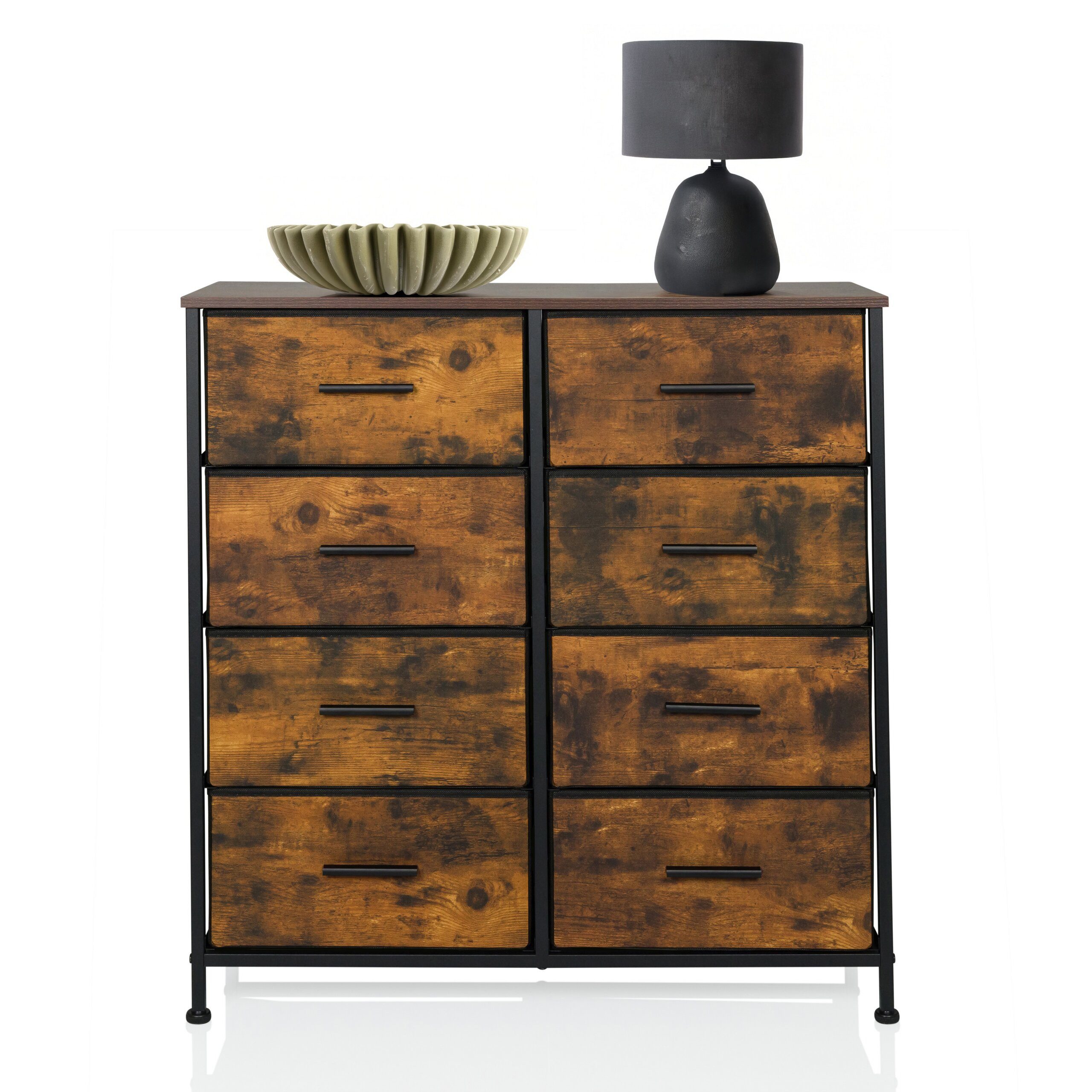hjh LIVING Kommode RAGALA LIGHT Sideboard H/B/T:, Highboard Anrichte mit 8 Schubladen, Metall-Gestell, Räuchereiche