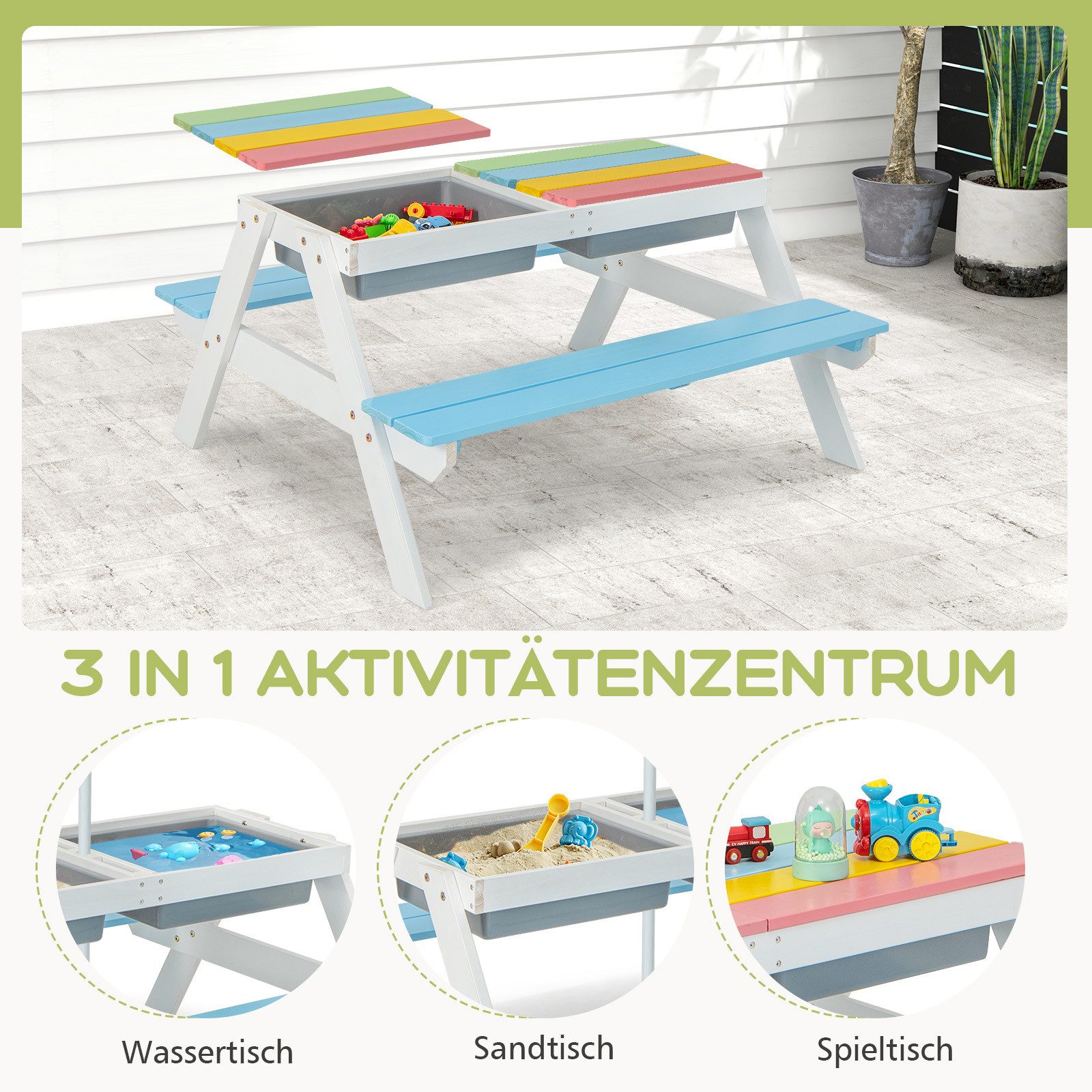 KOMFOTTEU Kindersitzgruppe mit Sonnenschirm, aus Holz für Garten und Terrasse