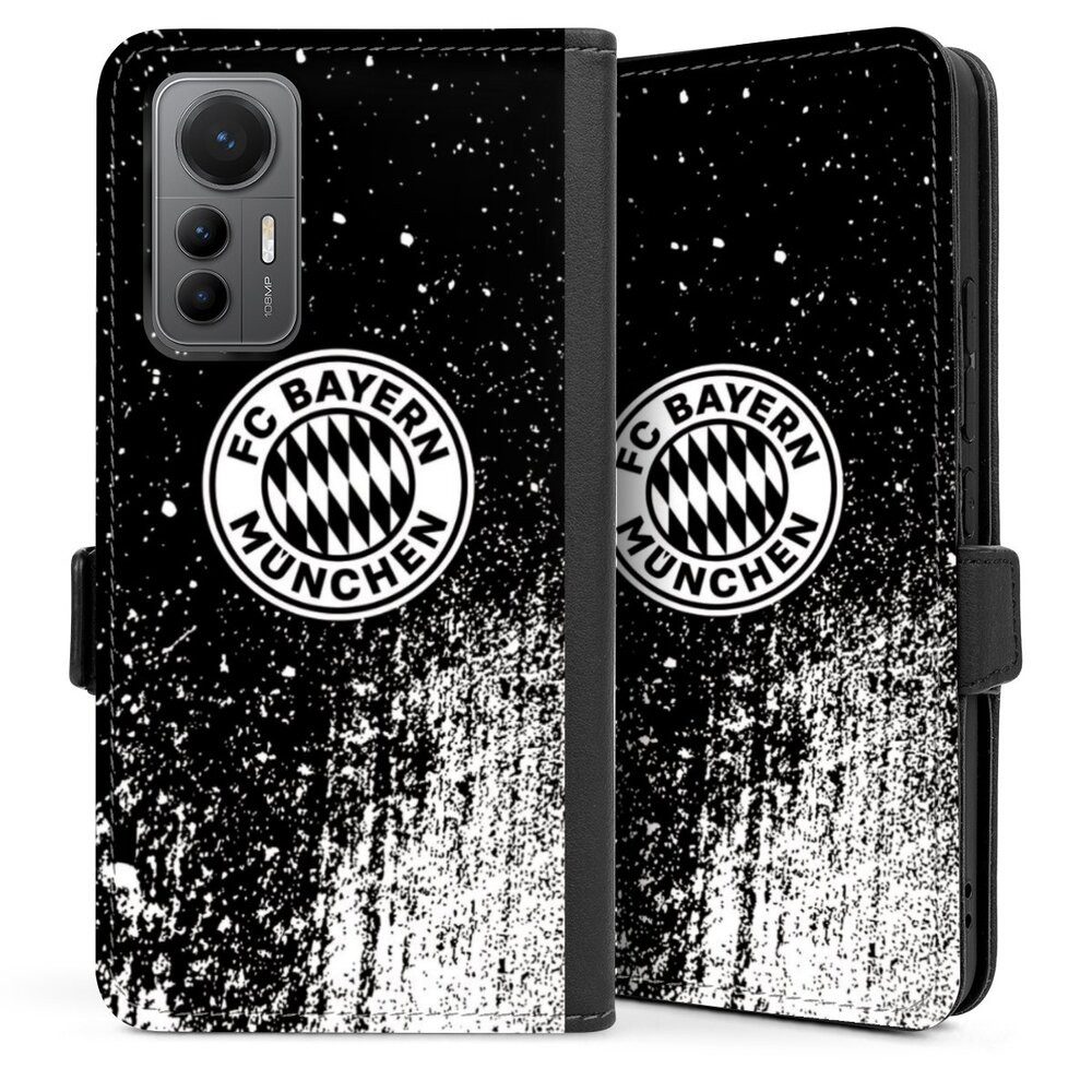 DeinDesign Handyhülle FC Bayern München Offizielles Lizenzprodukt FCB Splatter Schwarz - FCB, Xiaomi 12 Lite 5G Hülle Handy Flip Case Wallet Cover Handytasche Leder