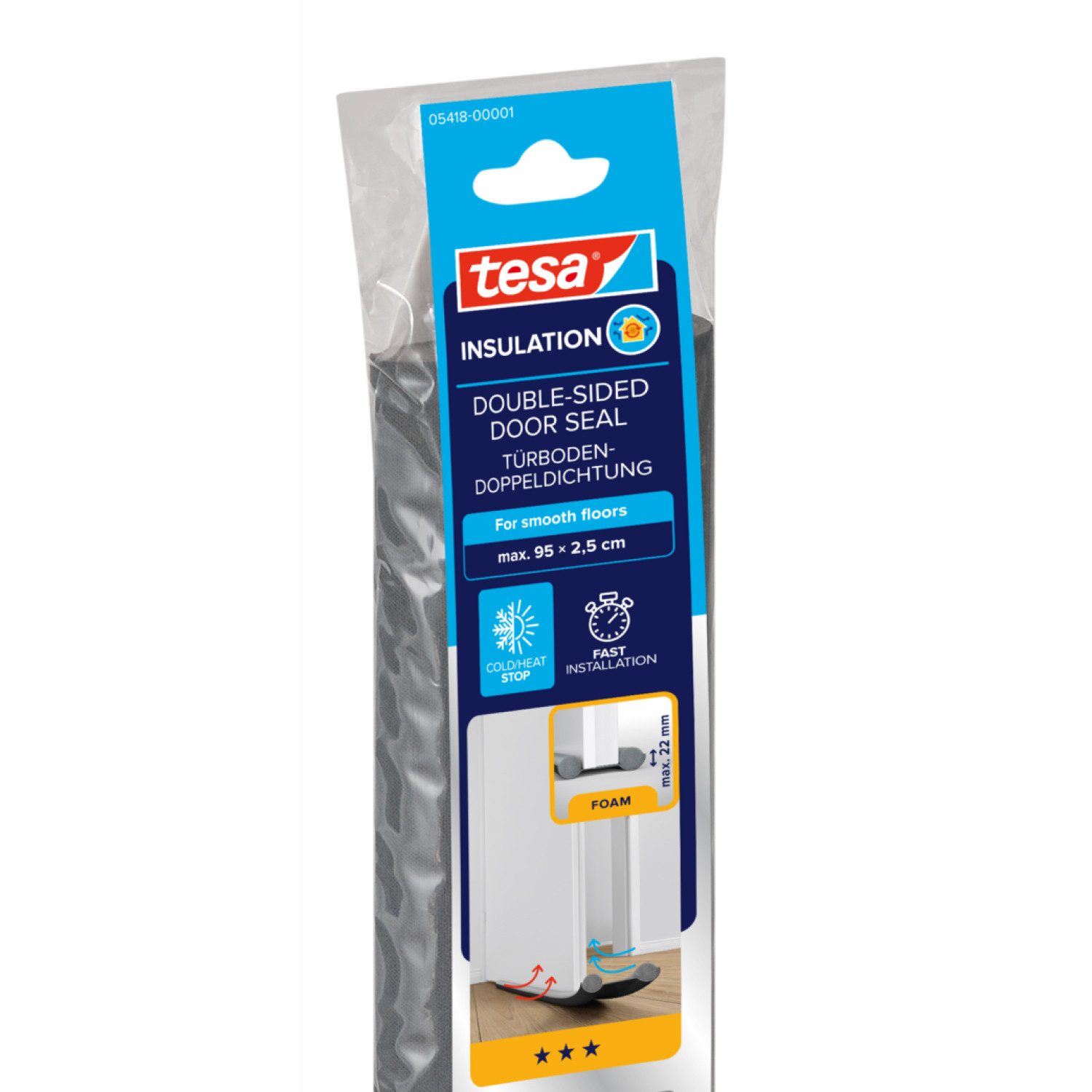 tesa Türbodendichtung INSULATION Zugluftstopper für glatte Böden, (Packung, 1-St., Zugluftstopper Anthrazit - 95 cm x 25 mm, kürzbar), Zuschneidbare Türdichtung zum Schutz vor Zugluft