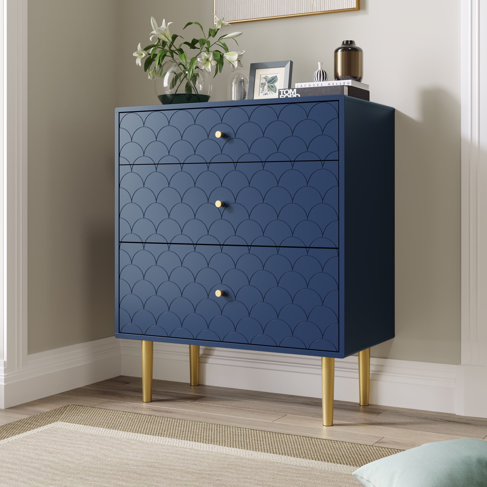 Flieks Kommode, Sideboard Fischschuppenmuster 75*40*89cm Marineblau