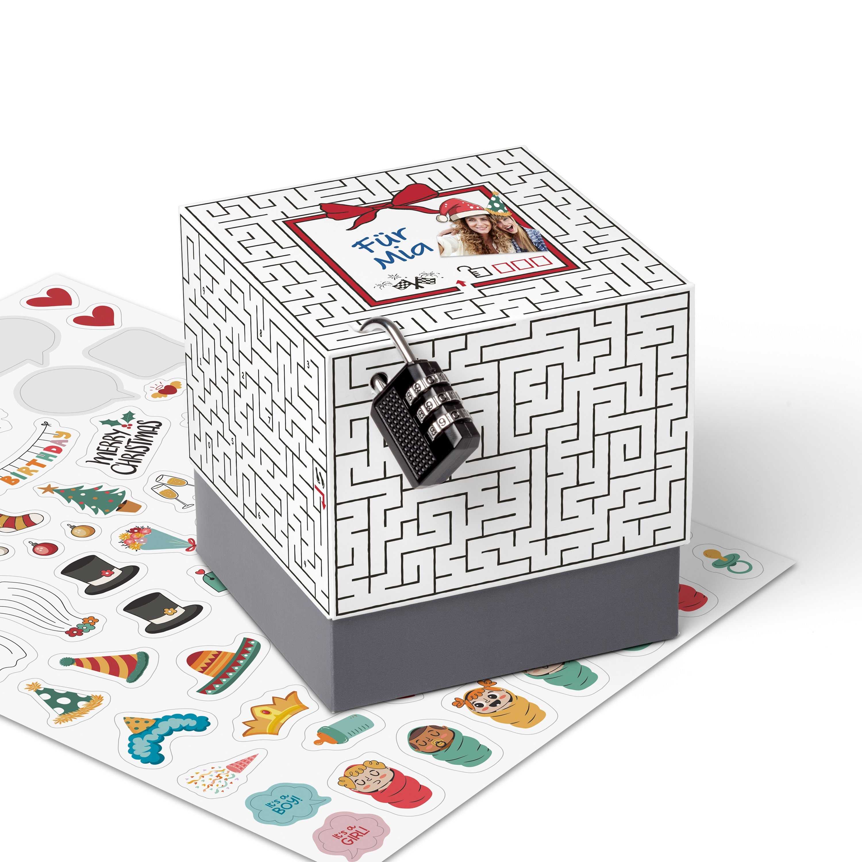 SURPRISA Geschenkbox Rätselbox persönliche Geschenkverpackung + Rätselspiel, Geschenkkarton für Gutscheine, Labyrinthrätsel - weiß