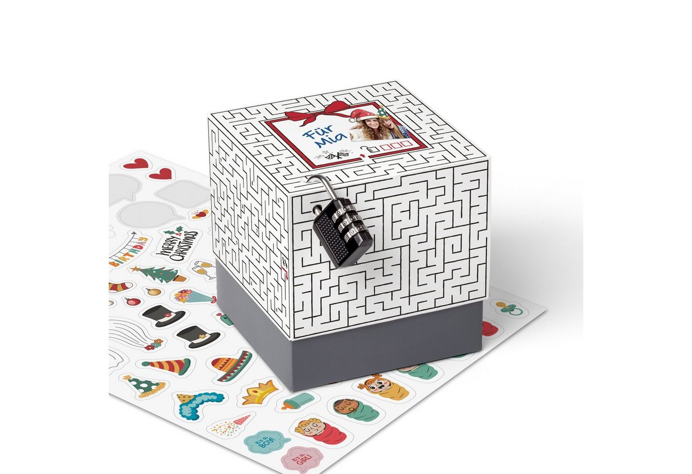 SURPRISA Geschenkbox Rätzel Geschenkbox, Geldgeschenk Verpackung & Gutschein Geschenk Box (inkl. 3-stelligem Zahlenschloss), Geschenkkarton Labyrinthrätsel, 12,5 x 12,5 x 12,5 cm, weiß