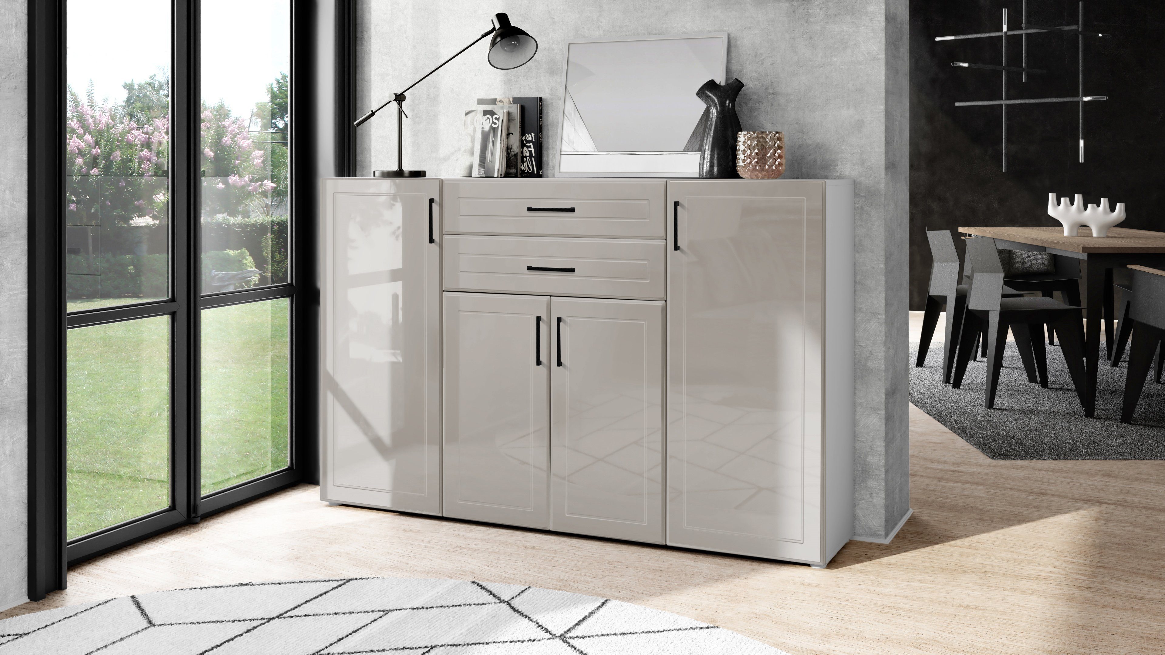 Möbelhandel Klipenstein Highboard Texas, Sideboard Kommode Landhausstil, Korpus Weiß matt