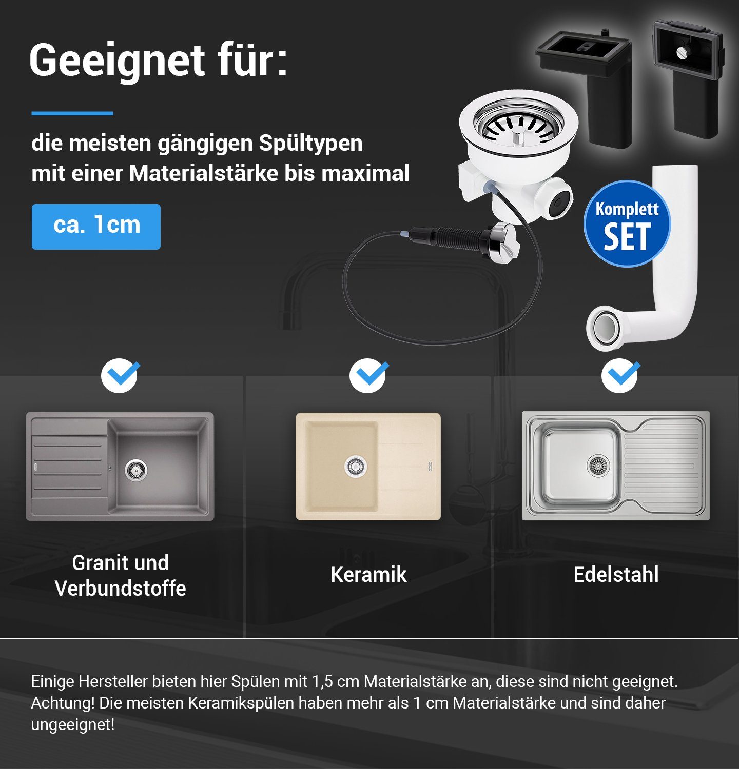 AQUADE Ablaufgarnitur Siebkorbventil 114 mm mit Excenterventil Drehbetätigung und Überlauf-Set für Spüle
