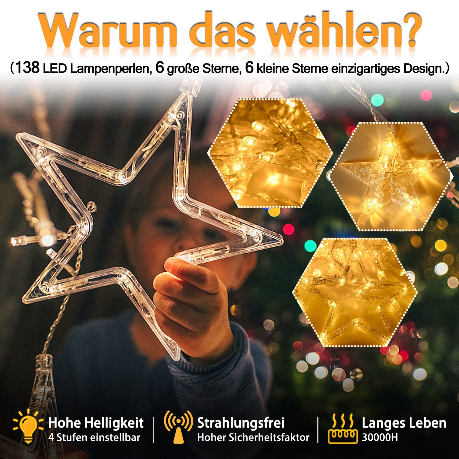 FIVMEN LED-Lichterkette außen und innen 138 LEDs 3m Deko Sternlichter, 8 Modi mit Stecker, Fernbedienung mit Timer, Stern Form – Bild 5 von 5