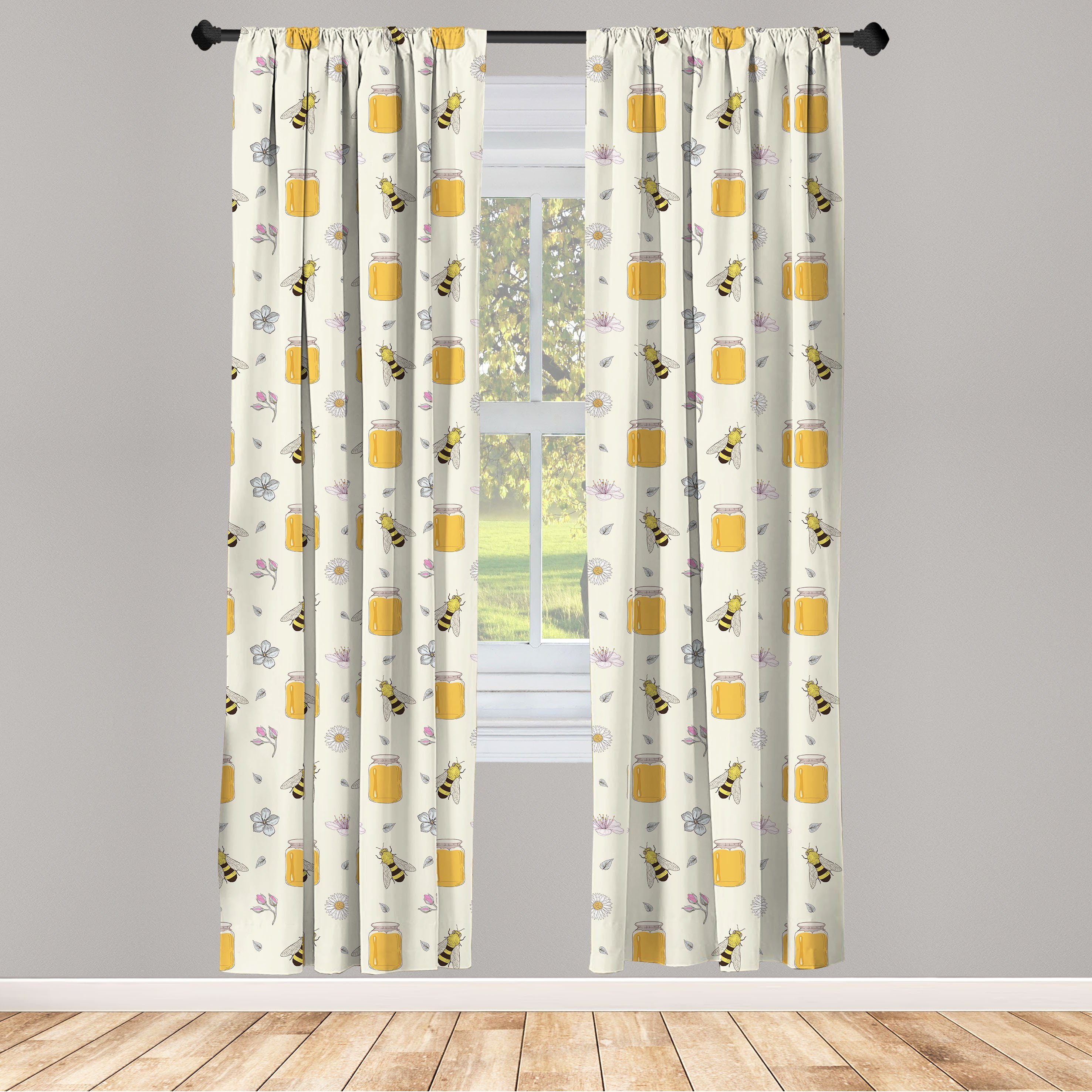 Gardine Vorhang für Wohnzimmer Schlafzimmer Dekor, Abakuhaus, Microfaser, Biene Honig-Gläser Insekten- und Blumen