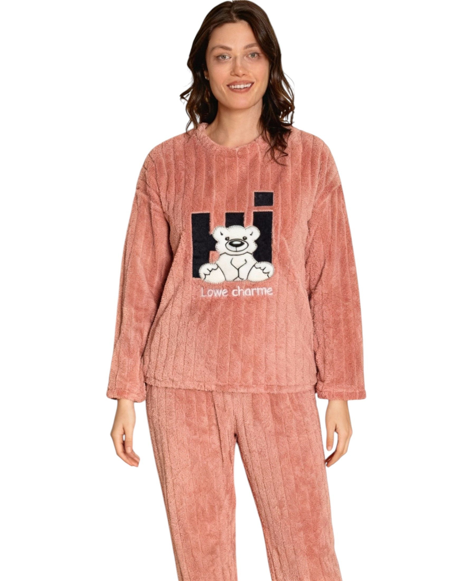 fashionshowcase Hausanzug Damen Winter Pyjama Set Schlafanzug Plüsch Zweiteiler weich