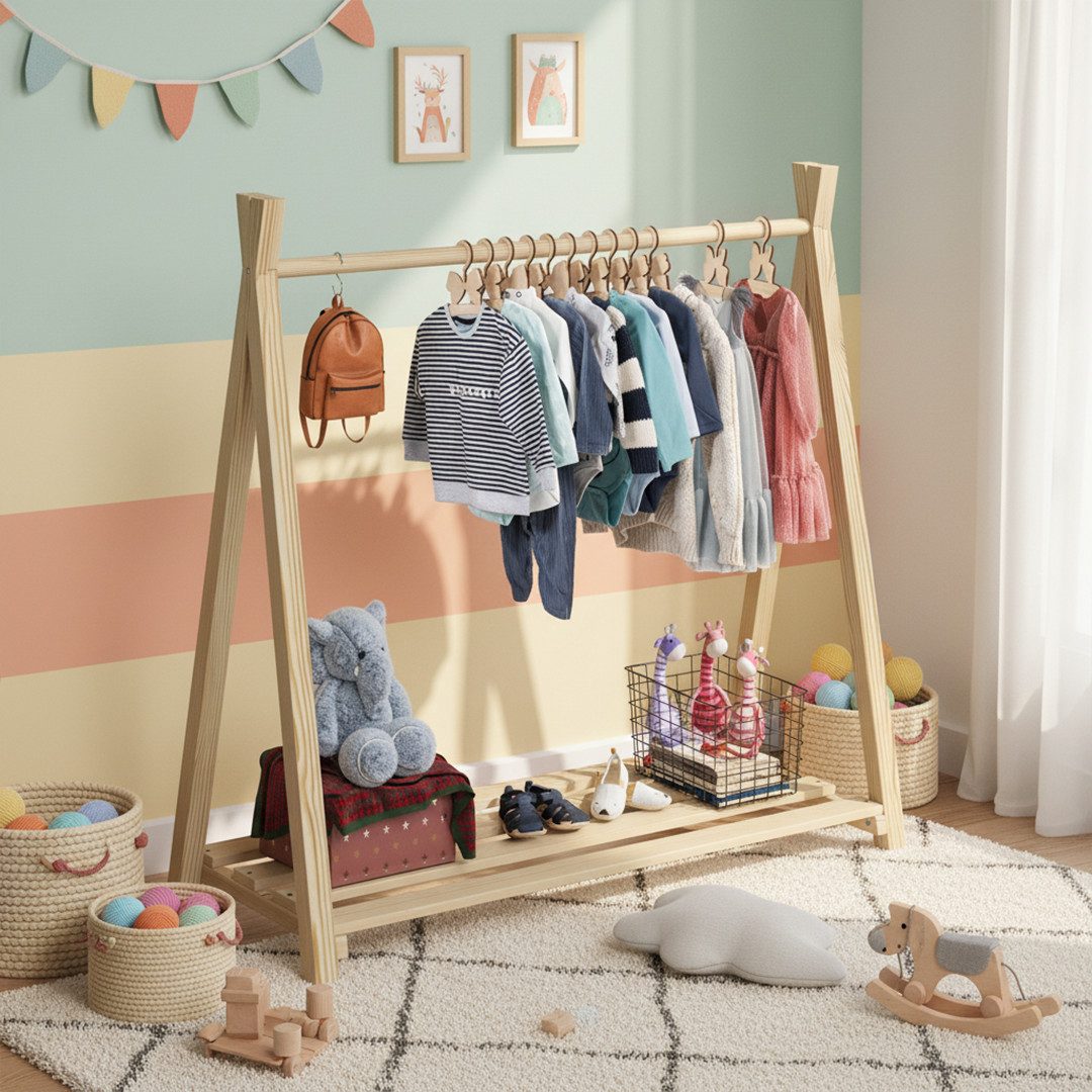 Bellabino Kleiderständer Ryck für Kinder im natürlichen Design, Kindergarderobe mit Kleiderstange & Schuhablagefläche