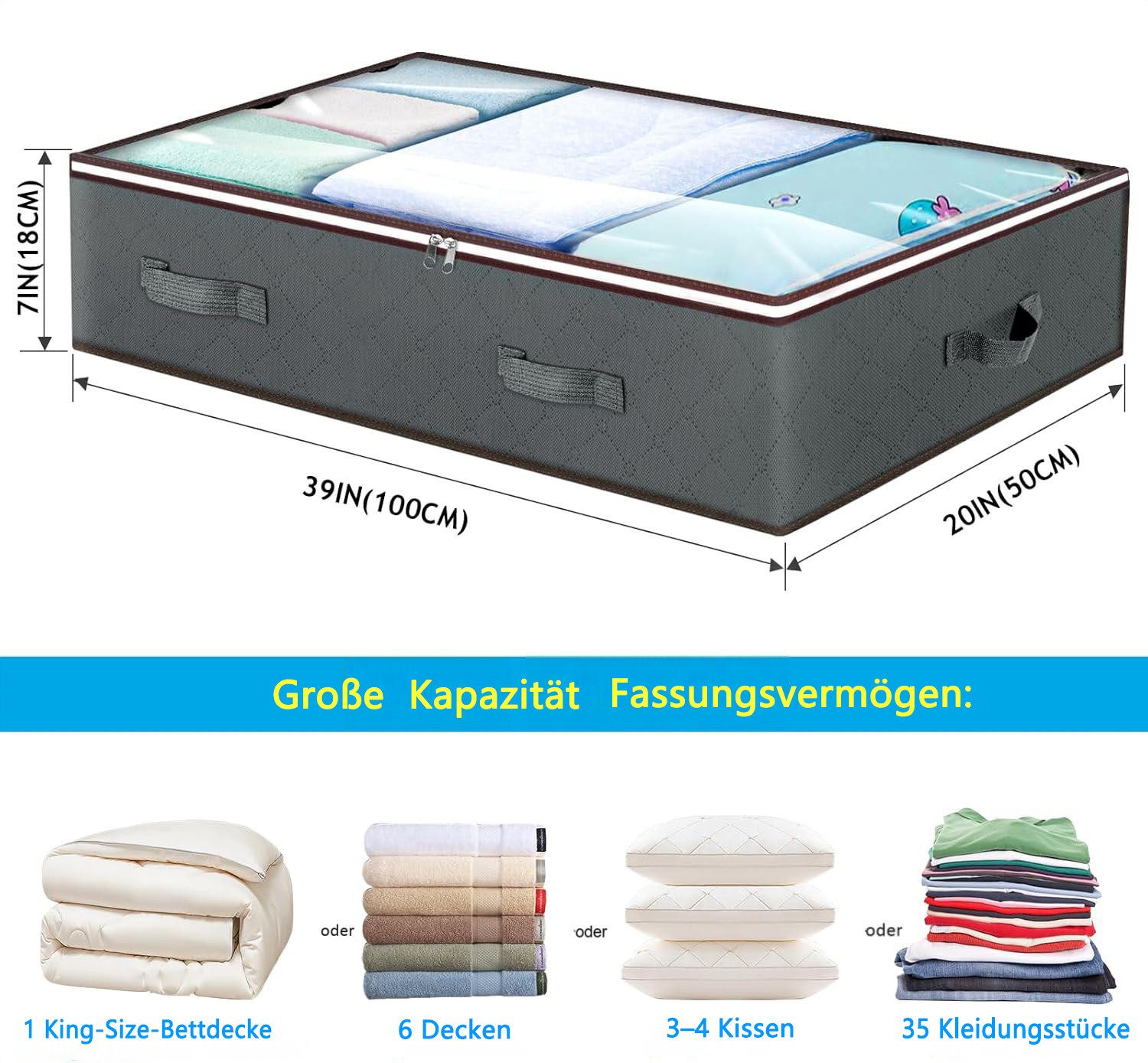 Refined Living Unterbettkommode 90L Aufbewahrungstaschen für unter dem Bett,4er Set,Aufbewahrungsbox (faltbare Organizer und Aufbewahrungsboxen, Schrankorganizer und Aufbewahrungsbehälter, Organisatoren mit Transparentes PVC-Fenster, Robuste Reißverschlüsse und Verstärkte Griffe, für den Einsatz unter dem Bett oder im Schrank, 4 St., Großes Fassungsvermögen, Hochwertiges Material, Vielseitig einsetzbar), für Decken, Handtücher, Kleidung, Bettdecken, Pullover, Bettwäsche