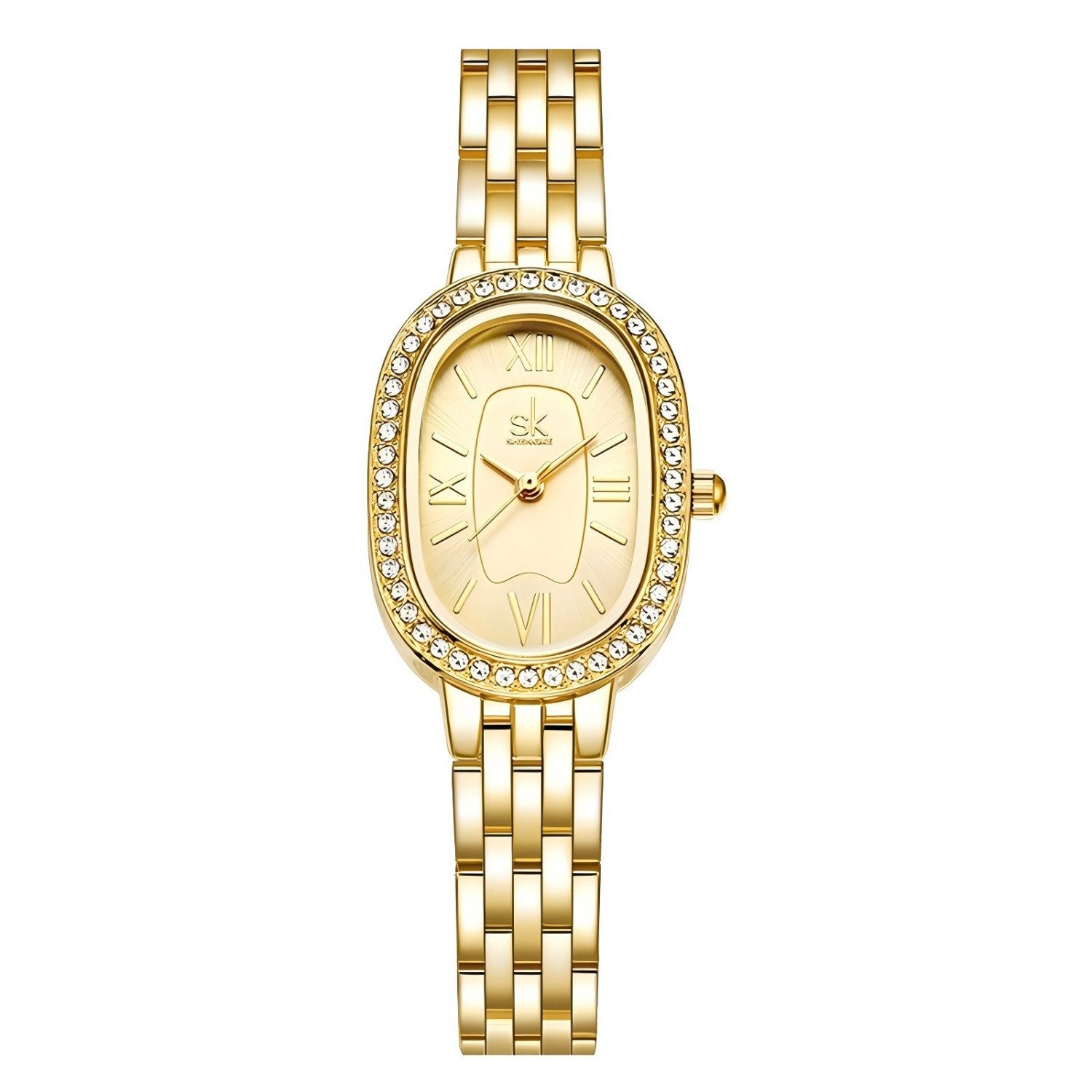 Toomoke Quarzuhr Goldfarbene Damenuhr mit Kristallen, ovale Armbanduhr 23 x 32 mm, (Quarzwerk, Mineralglas, 3 ATM, römische Ziffern), Metallarmband, Geschenkbox