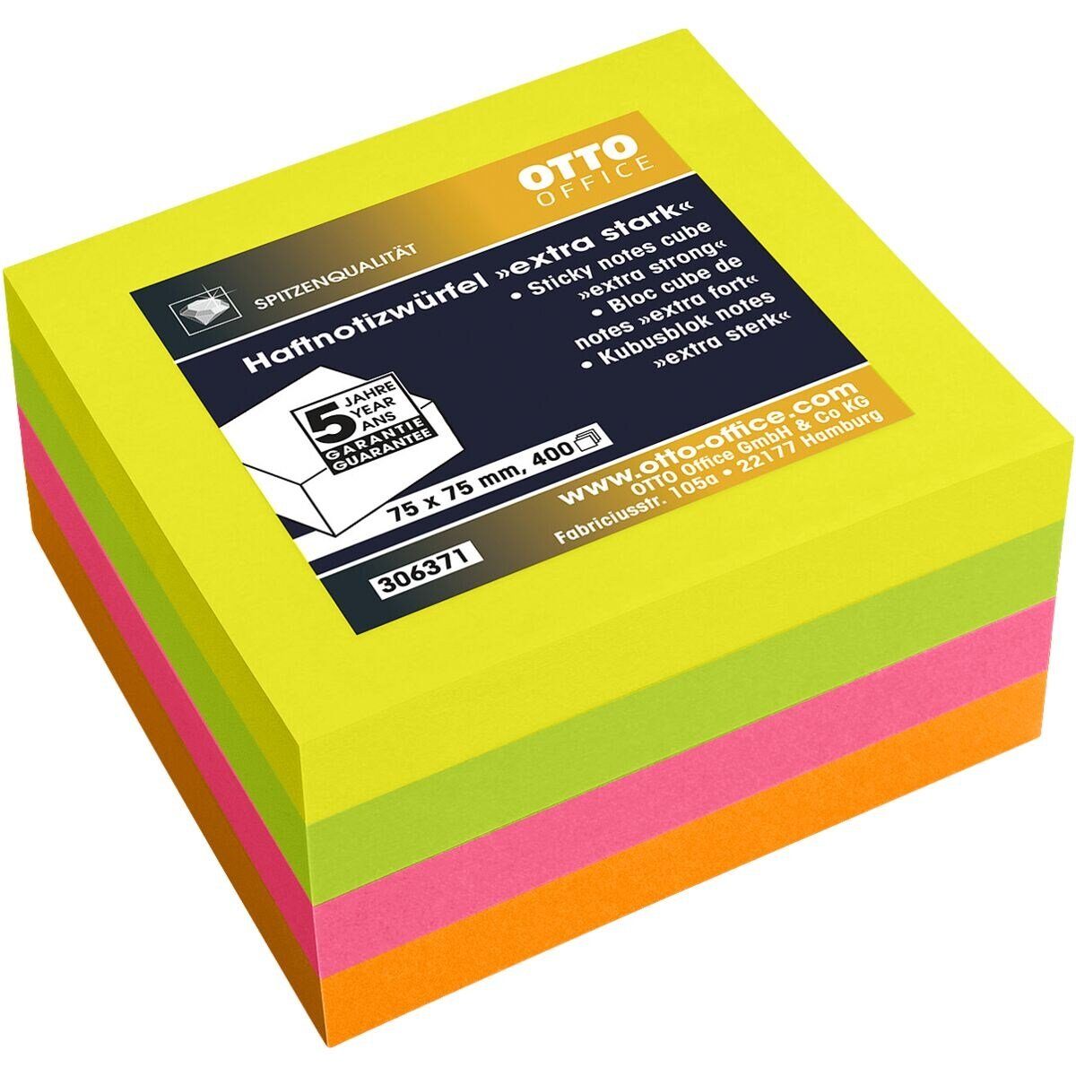 Otto Office Premium Haftnotizblock extra stark, 7,5x7,5 cm, ablösbar und wiederholt selbstklebend
