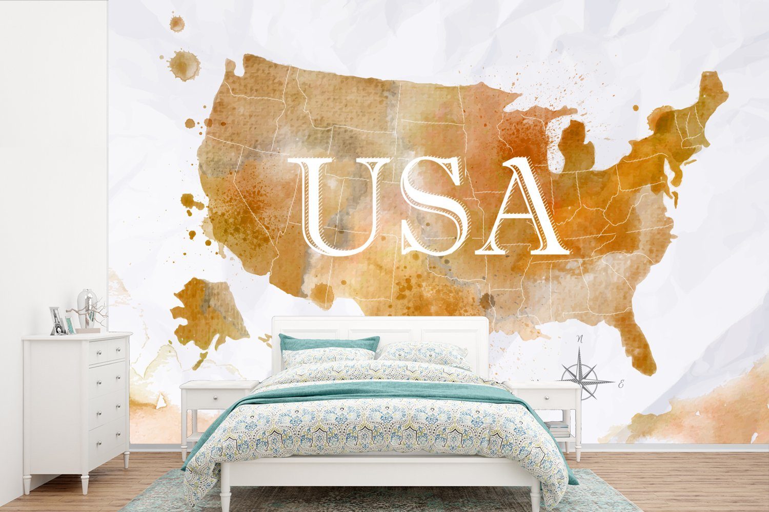 MuchoWow Fototapete Vereinigte Staaten - Weltkarte - Ölfarbe, Matt, bedruckt, (6 St), Wallpaper für Wohnzimmer, Schlafzimmer, Kinderzimmer, Vinyl Tapete