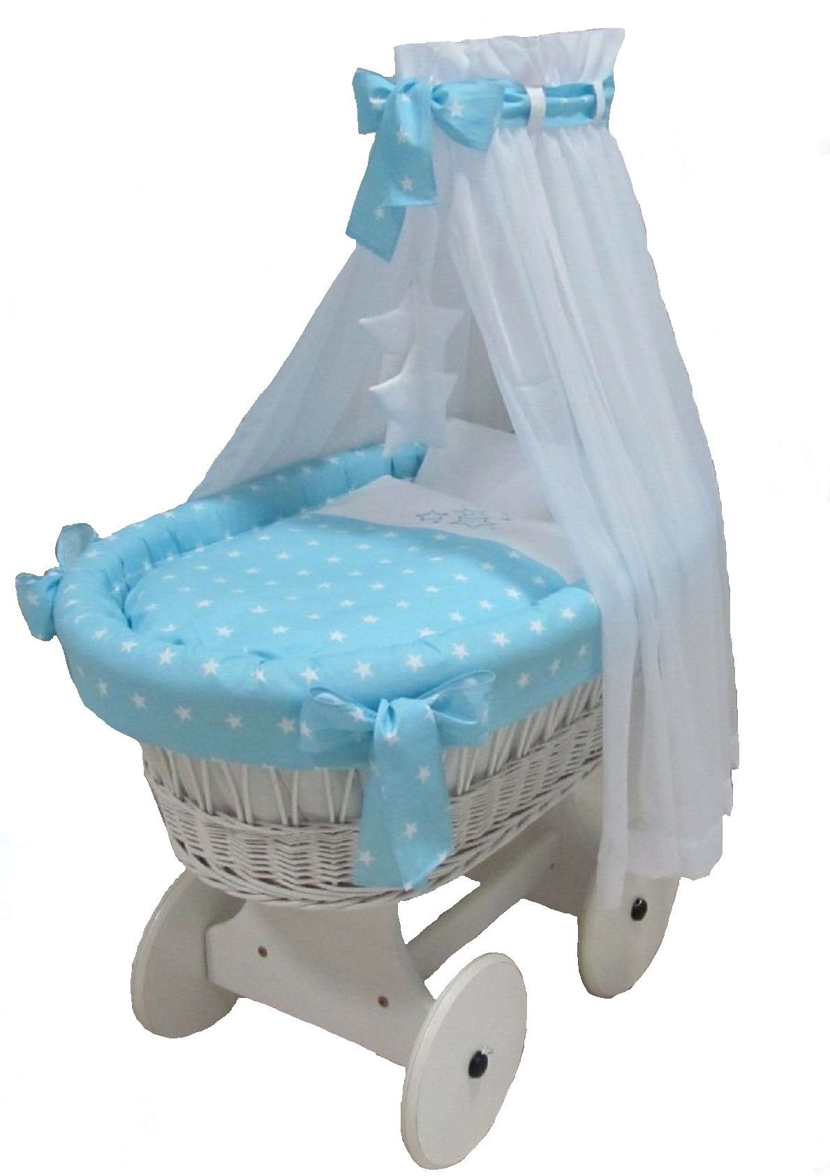 Babymajawelt Stubenwagen Baby Stubenwagen Komplett Set, mit Ausstattung Große Räder, STARS, Made in EU, Naturweide, Sorglos Paket