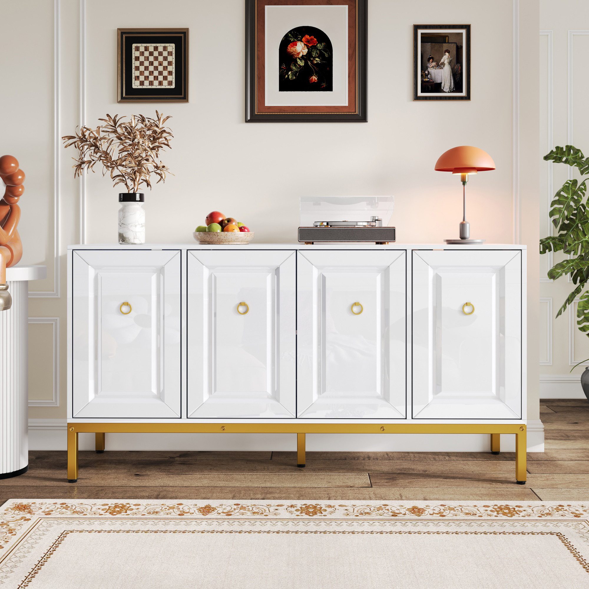 Refined Living Sideboard Sideboard 140 cm Weiß Hochglanz, Gold, modernes Luxus Design (Sideboard, 140×40×80 cm, MDF + Spanplatte, Weiß Hochglanz, goldene Griffe & Metallbeine, mehrere Türen, verstellbare Einlegeböden, Aufbewahrungsschrank, Mehrzweckschrank, 1 St., Wohnzimmer, Esszimmer, Flur, Eingangsbereich, moderne Wohnräume), luxuriöses Design, großer Stauraum, Hochglanz Oberfläche