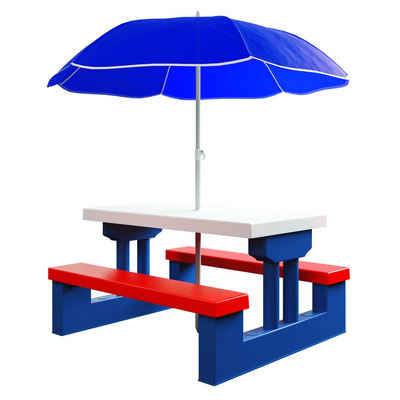 Deuba Sitzgruppe, Kindersitzgruppe mit Sonnenschirm UV Schutz Picknickset Tisch Bänke Sitzgruppe Kindermöbel Gartenmöbel Drinnen Draußen