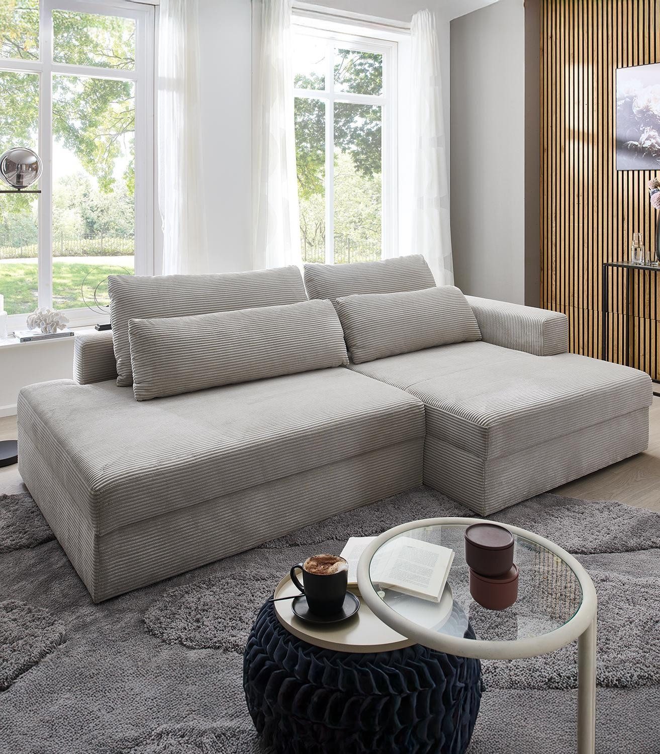 Iwaniccy Ecksofa SPLASH, Greige, Cordbezug, mit Rückenkissen, Ausziehfunktion, Bettkasten, B 224 x T 149 cm