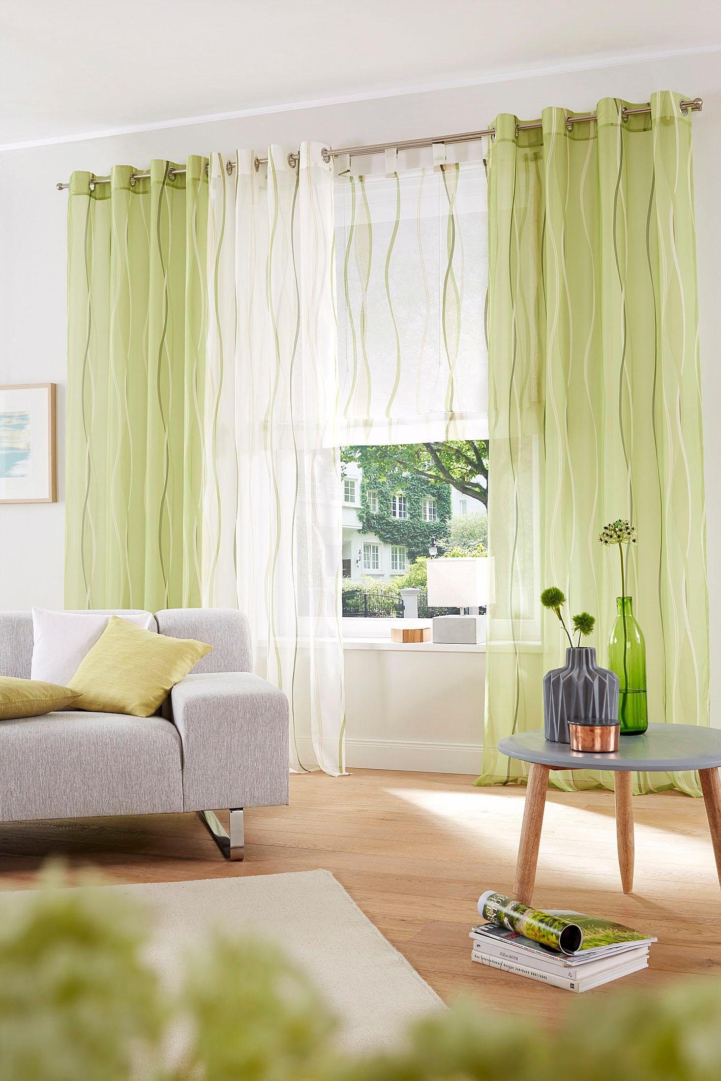 Polyester Gardine home, my transparent, Dimona, Ösen grün (2 transparent, St), Voile, 2er-Set, Voile,