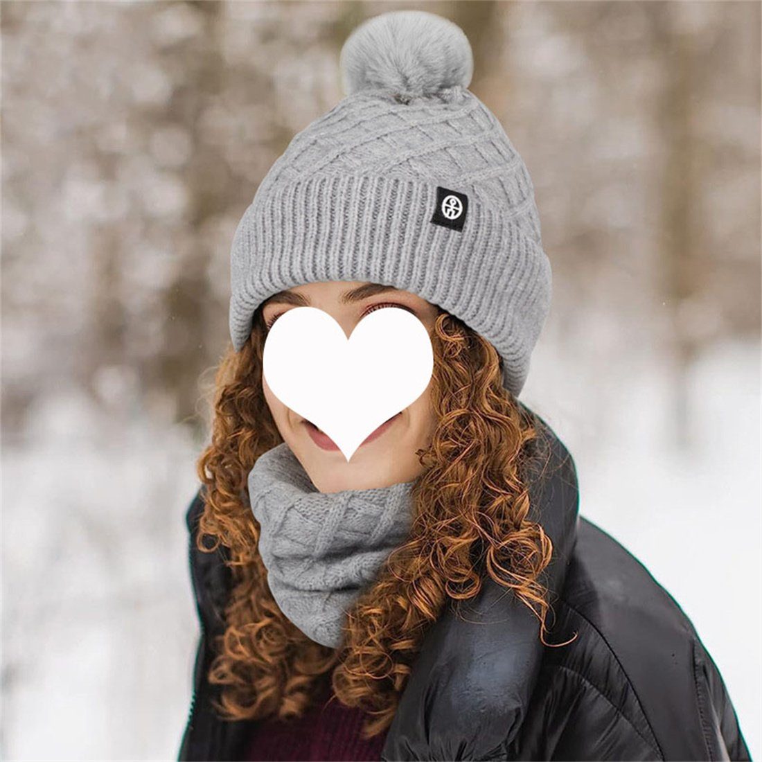 DÖRÖY Strickmütze Winter gepolstert Schal Mütze Stück, Handschuhe Schwarz 3 Warm Set Warm