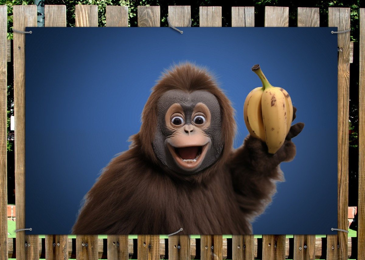 Thumbnail - Wallario Sichtschutzzaunmatten Lustiger Affe mit Bananen