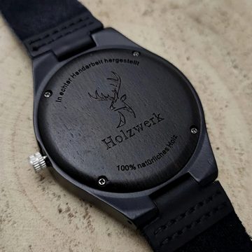 Holzwerk Quarzuhr HIRSCHHORN Damen & Herren Leder Holz Uhr mit Hirsch Logo, schwarz