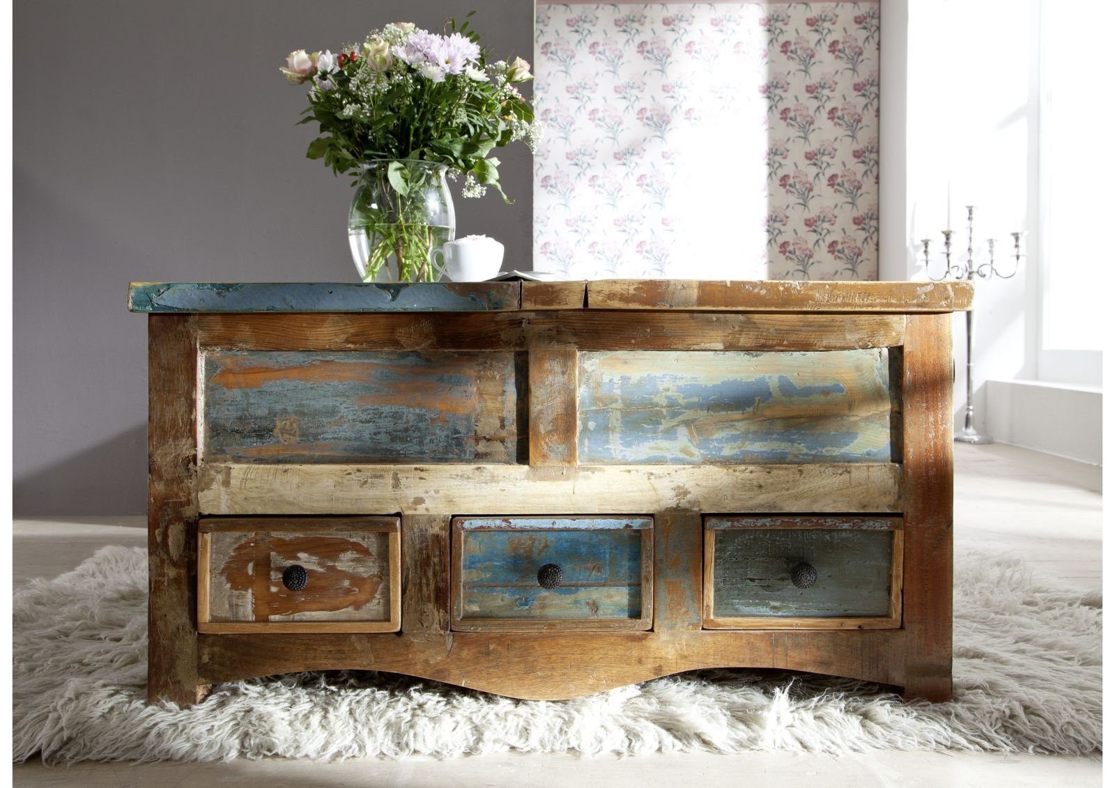 Massivmoebel24 Couchtisch NATURE OF SPIRIT (Massivholz, Massivholztisch), Couchtisch Altholz 100x100x50 mehrfarbig lackiert NATURE OF SPIRIT #62