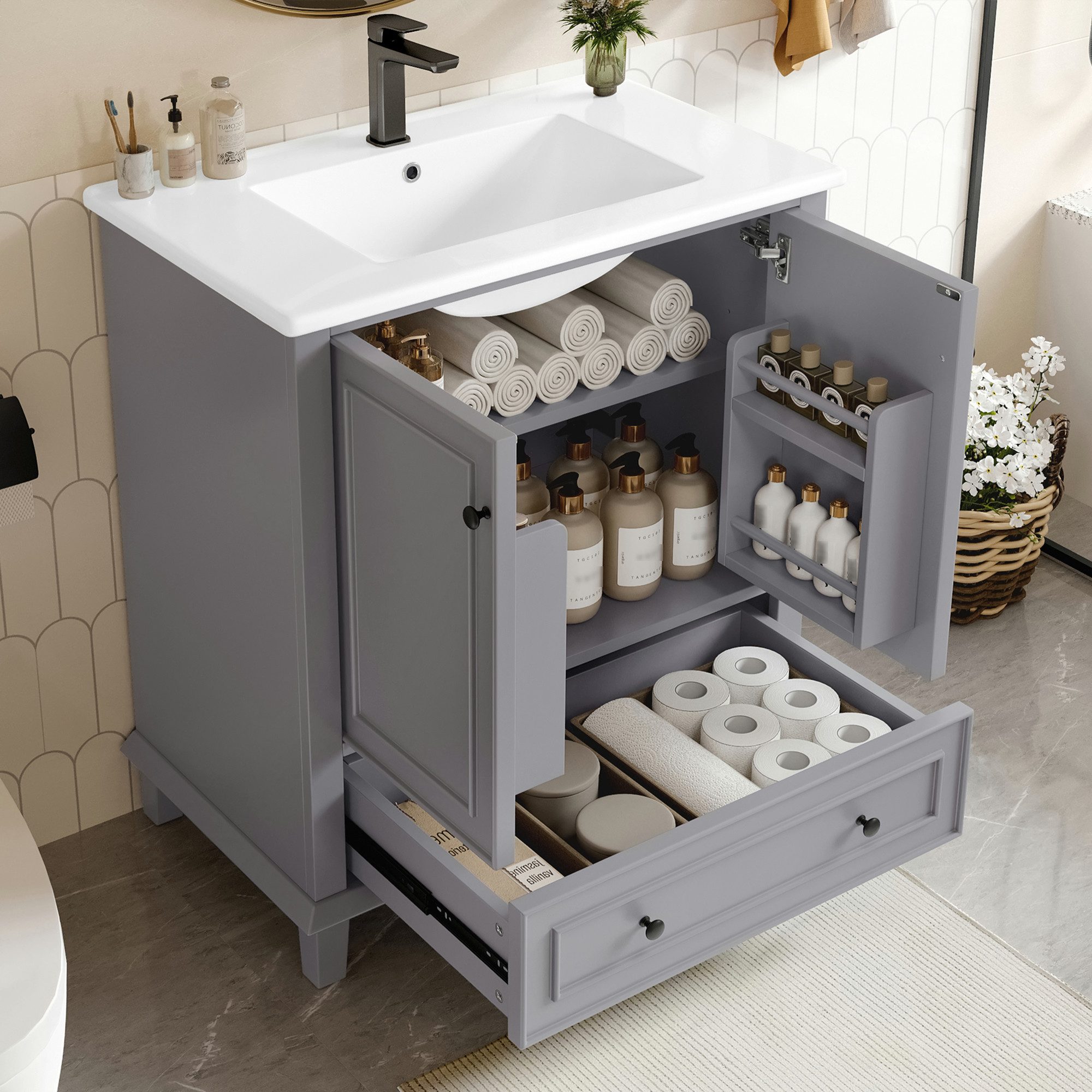 i@home Waschbeckenschrank Bodenstehender Badezimmerschrank mit Waschbeck, Waschtisch (großer Stauraum, integriertes Keramikwaschbecken, Beine aus Massivholz, Volllackierung, feuchtigkeits- und wasserdicht)