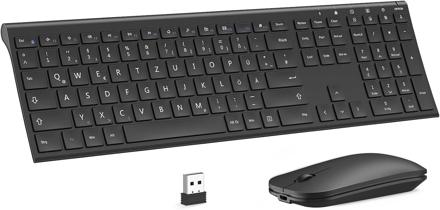 Seenda KS15F 2.4G Ultraflach Wireless Tastatur und Maus Aufladbar Tastatur- und Maus-Set, (aus Aluminium), Funktastatur Dünn für Windows/PC, Computer, Laptop