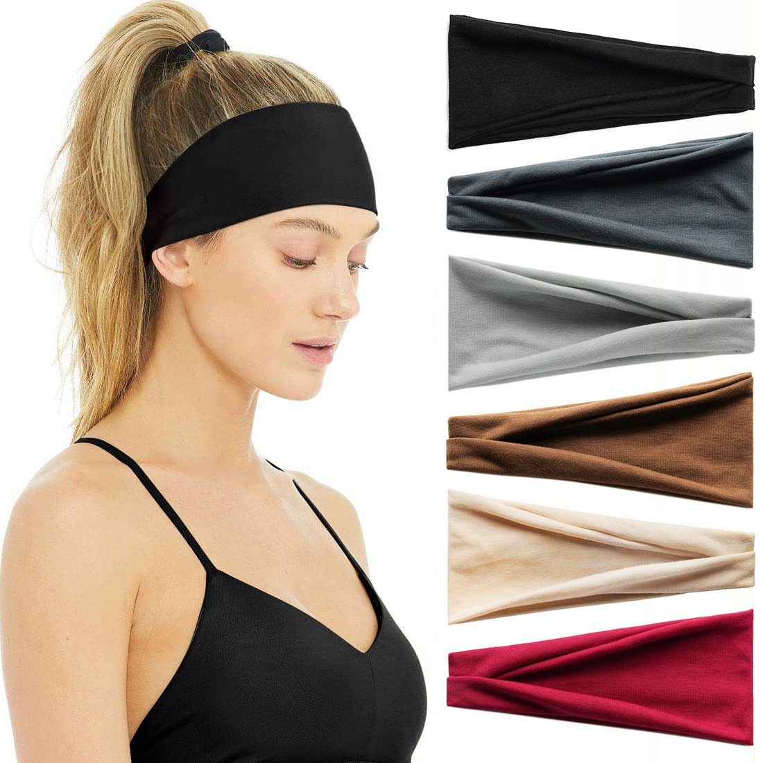 WaKuKa Haarband 6 Stück Damen elastische breite Stirnbänder Yoga Workout Stirnbänder, 6-tlg.