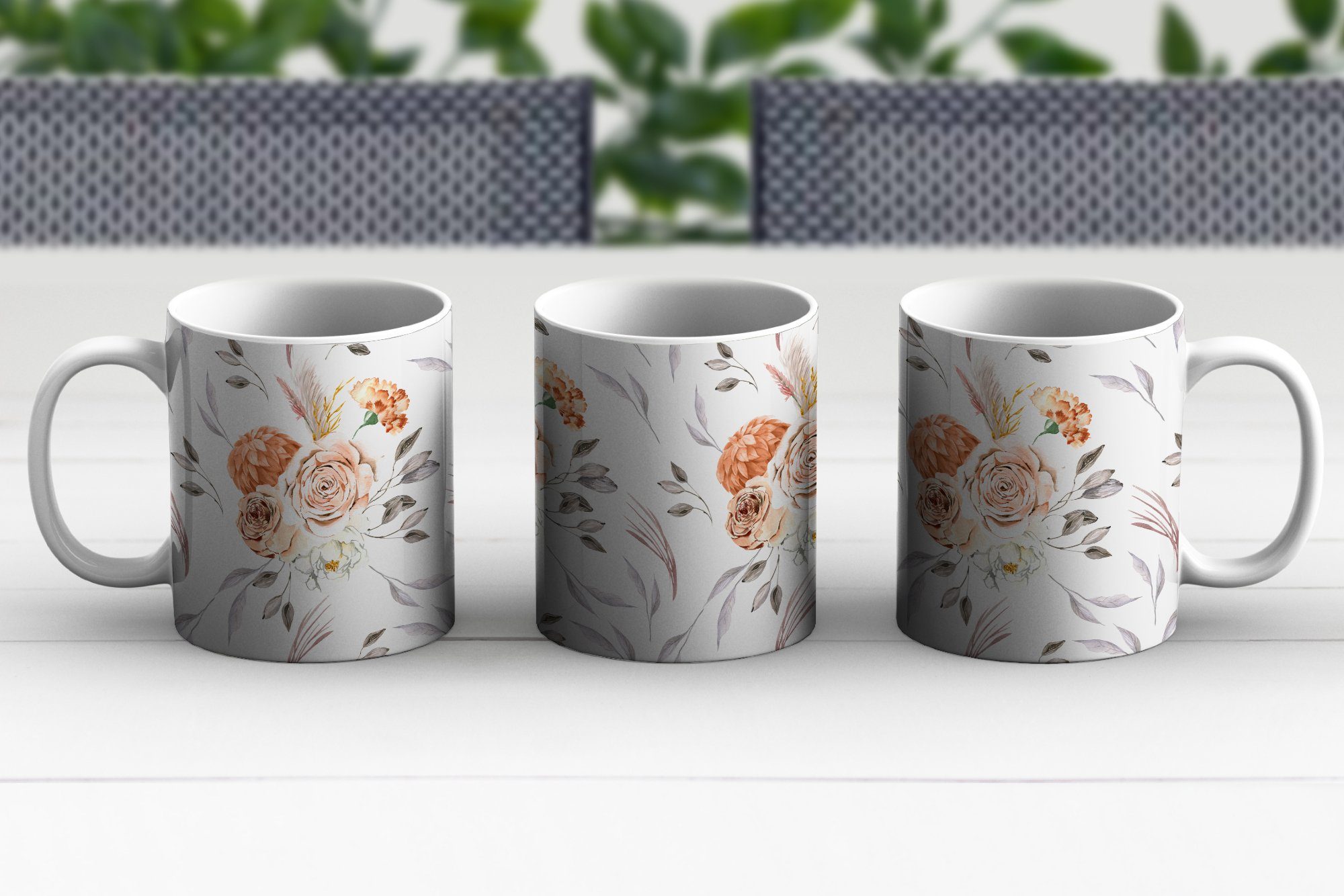 MuchoWow Muster - Tasse Blumen Kaffeetassen, Becher, Teetasse, Keramik, Rose Weiß, Teetasse, - - Geschenk