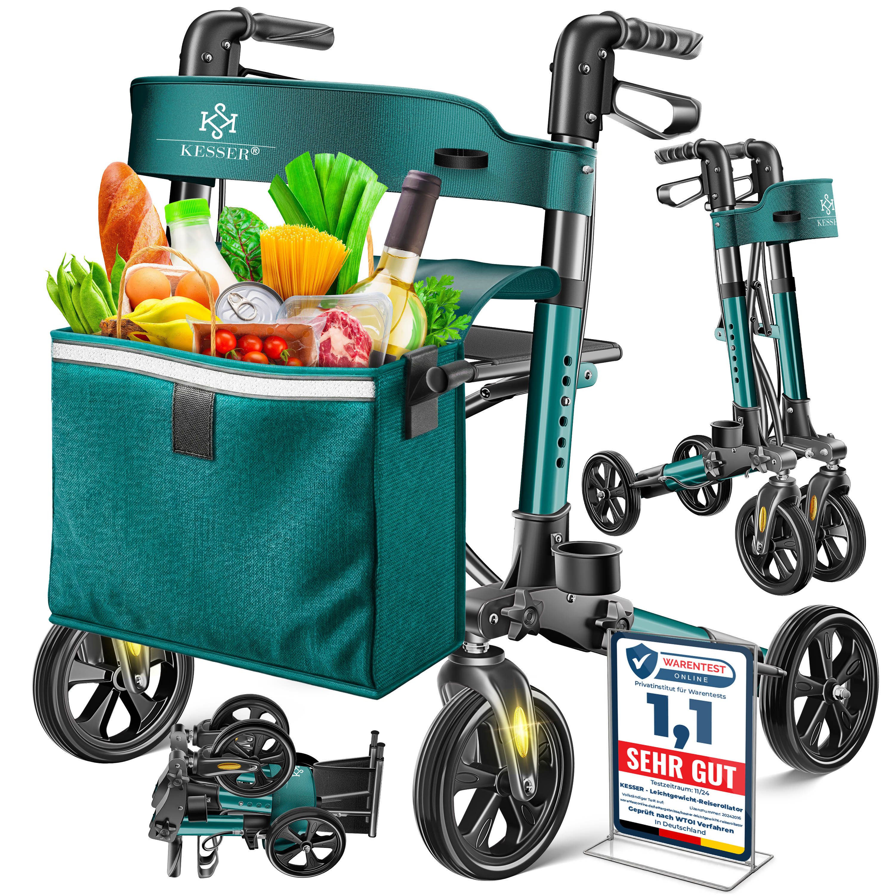 KESSER Rollator Aluminium – faltbar, höhenverstellbar & bis 136 kg belastbar, wetterbeständig, Tasche, Stockhalter, Reflektoren, 360° Gelände Reifen