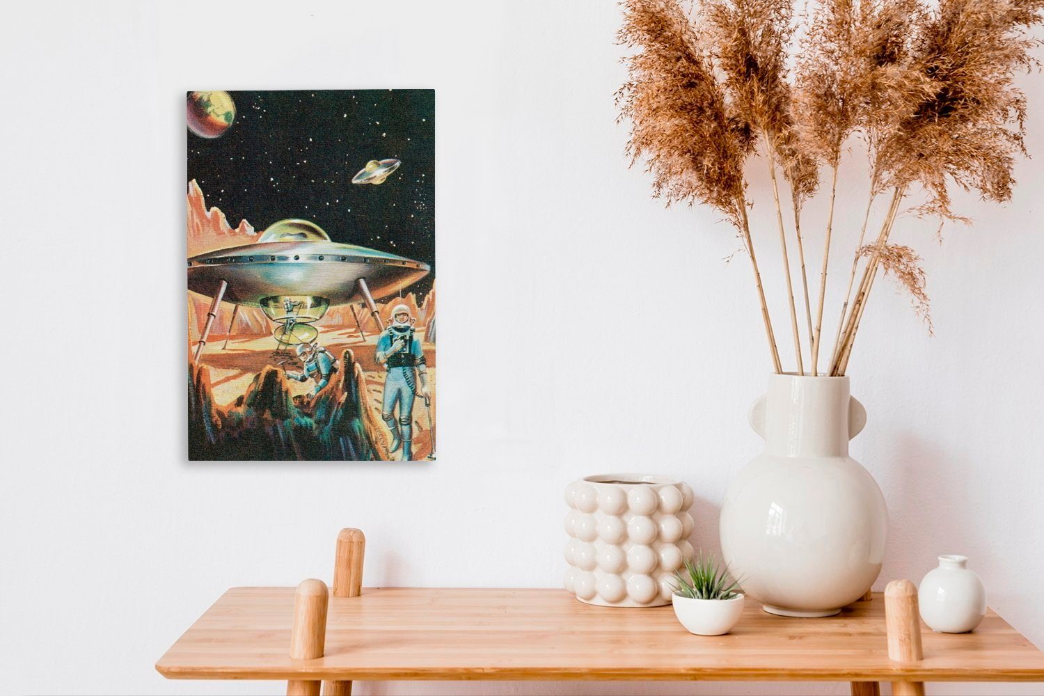 OneMillionCanvasses® Leinwandbild fertig Zackenaufhänger, 20x30 UFOs Gemälde, cm Eine St), Science-Fiction-Illustration (1 inkl. Planeten, bespannt Leinwandbild eines auf einem