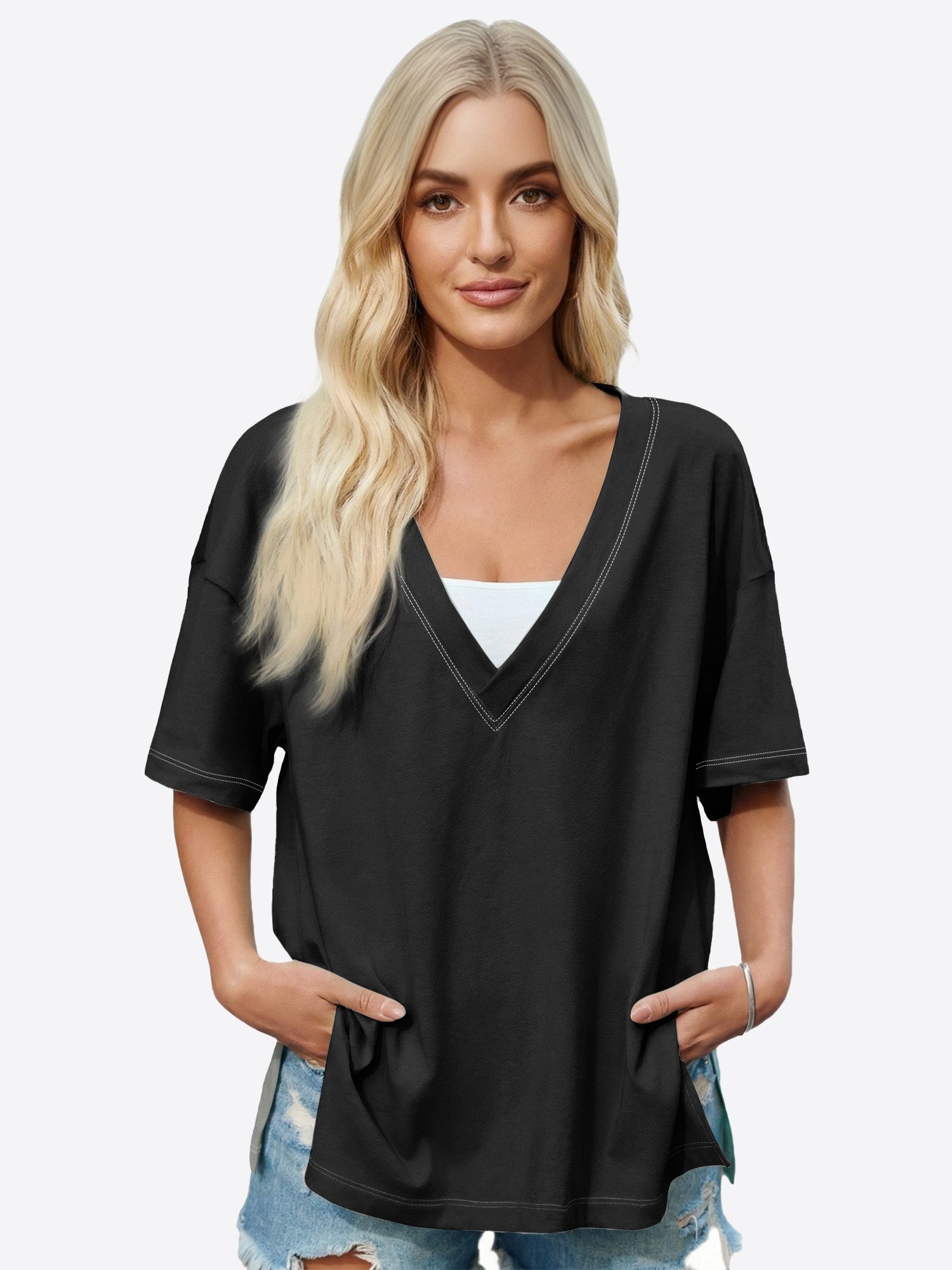 Imily Bela T-Shirt Damen Oversize mit tiefem V-Ausschnitt Cover-up Casual ( günstig online kaufen