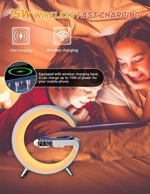 Gontence Wecker Intelligente Musik-Schreibtischlampe, Wake up Light mit Kabelloser Ladefunktion Dimmbar Bluetooth Lautsprecher