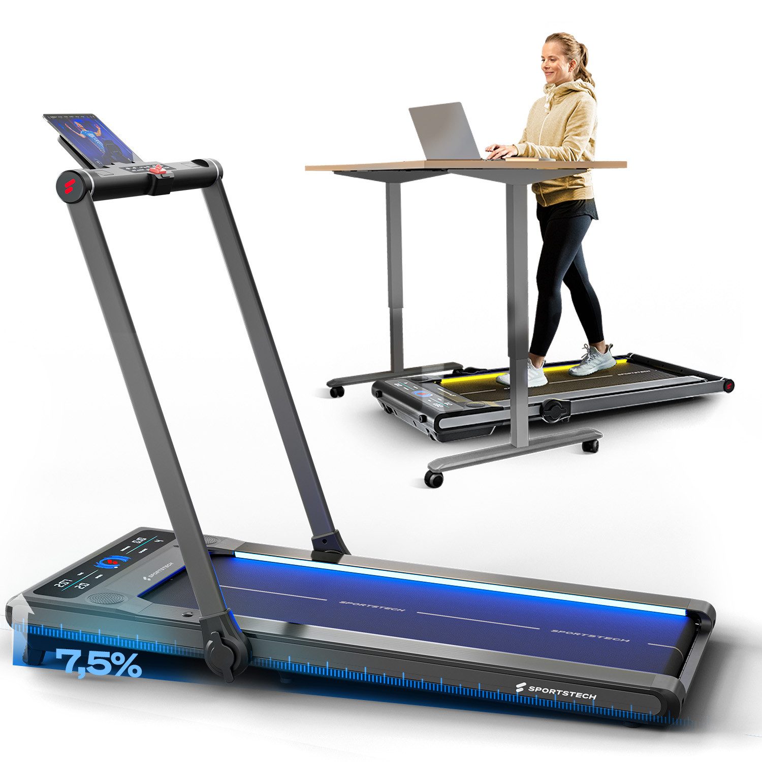 Sportstech Laufband sWalk Plus, Walking Pad & Laufband, 6-12 km/h, 7,5 % Steigung, 7-Farben LED