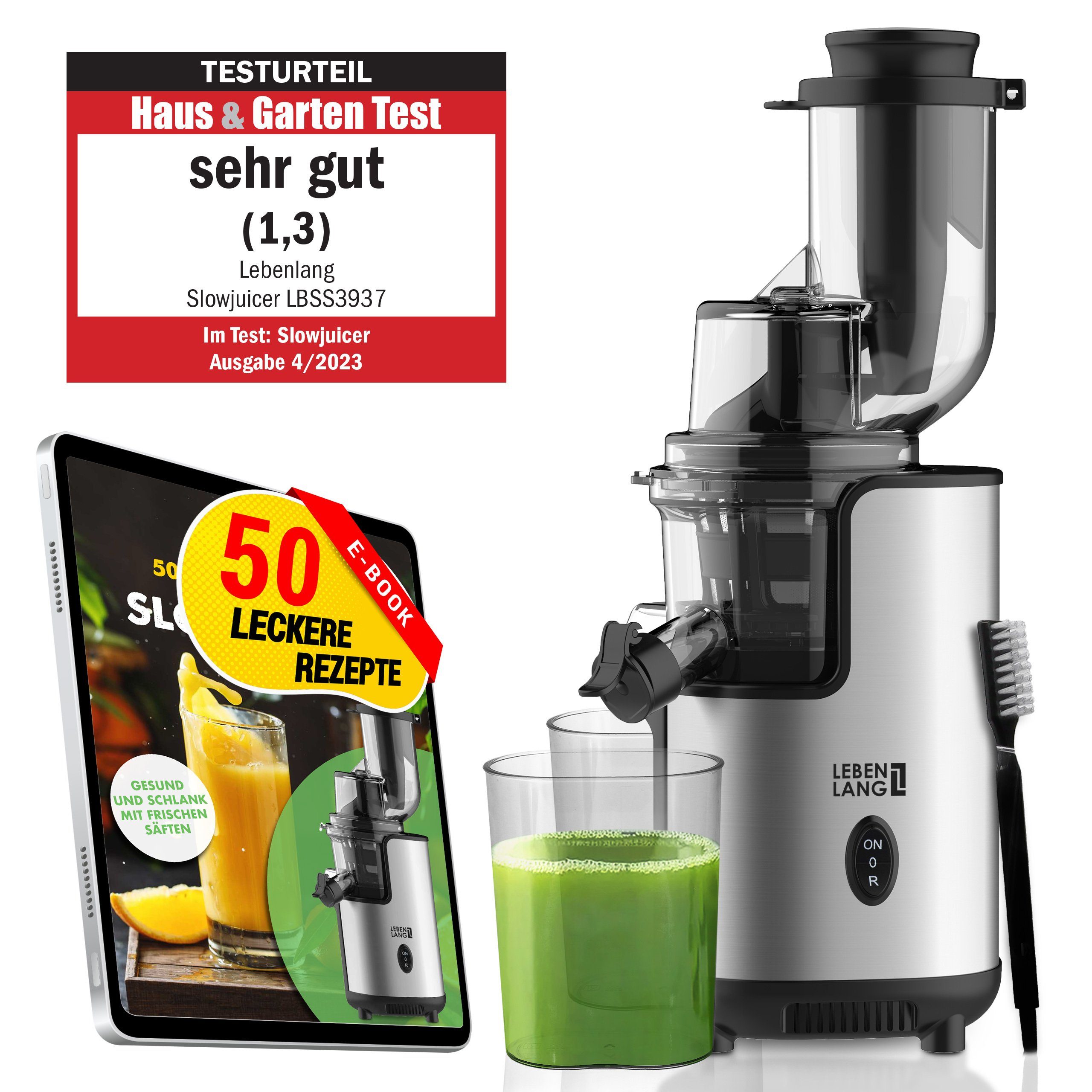 Lebenlang Slow Juicer Entsafter für Obst & Gemüse I Inkl. Rezeptbuch mit 50 Rezepten I, 200,00 W, I 2 Saftbehälter I Reinigungsbürste für einfache Säuberung I BPA-Frei