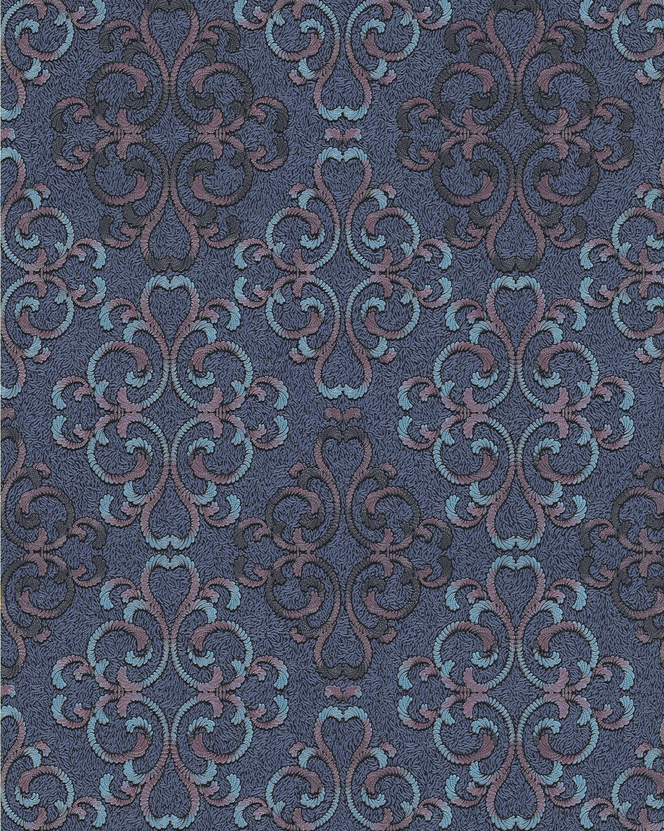 Edem Papiertapete 85037BR32 Barock Tapete blau türkis lila 5,33m2, strukturiert, glänzend, ornamental, Strukturmuster, Barock-Style, (1 Rolle, 5,33 qm), Vinyltapete auf Papierbasis, blau, türkis-blau, lila, schwarz