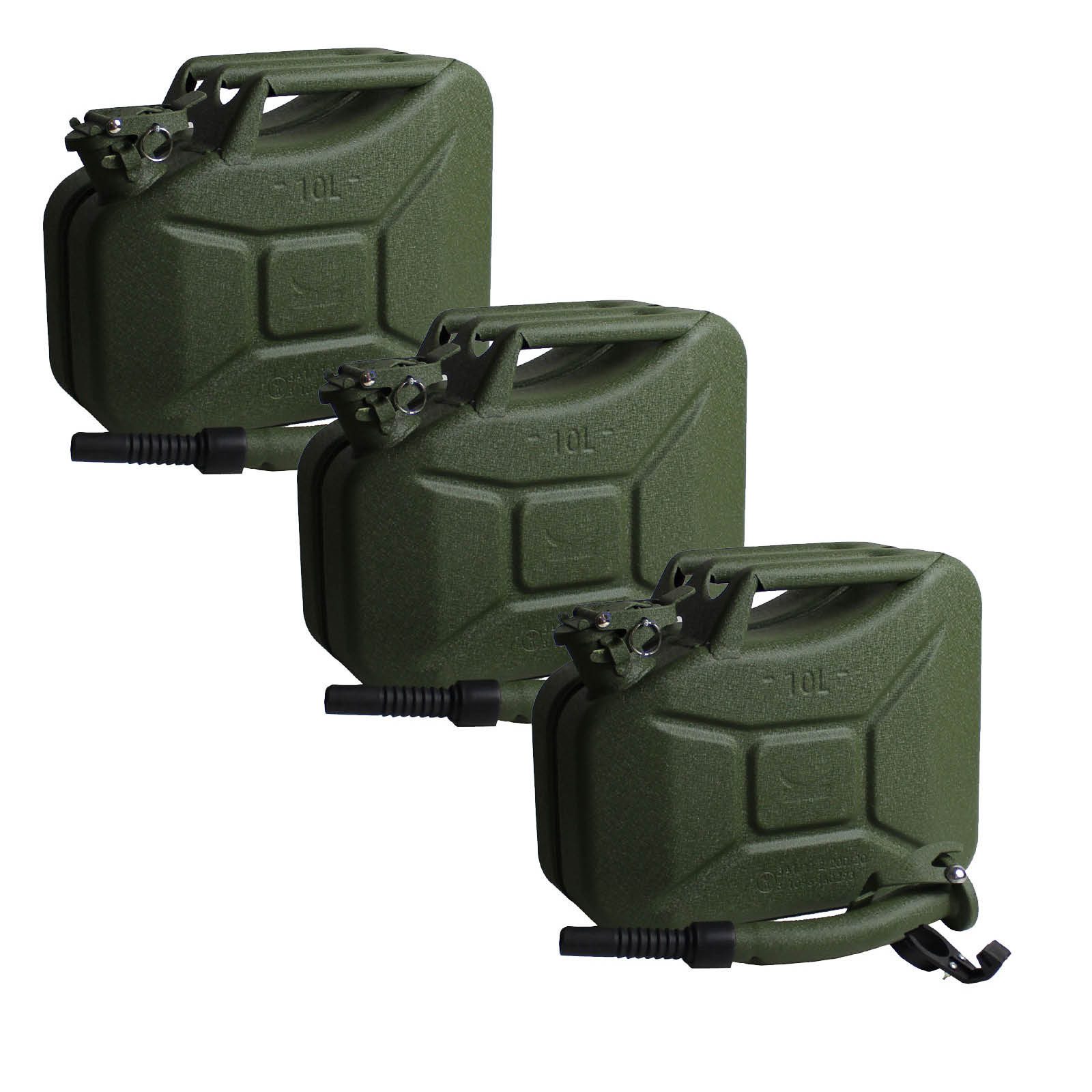 TRUTZHOLM Kanister 3x Benzinkanister Metall 10L Hammerschlag inkl. Ausgießer + Halter (Spar-Set), Olivgrün