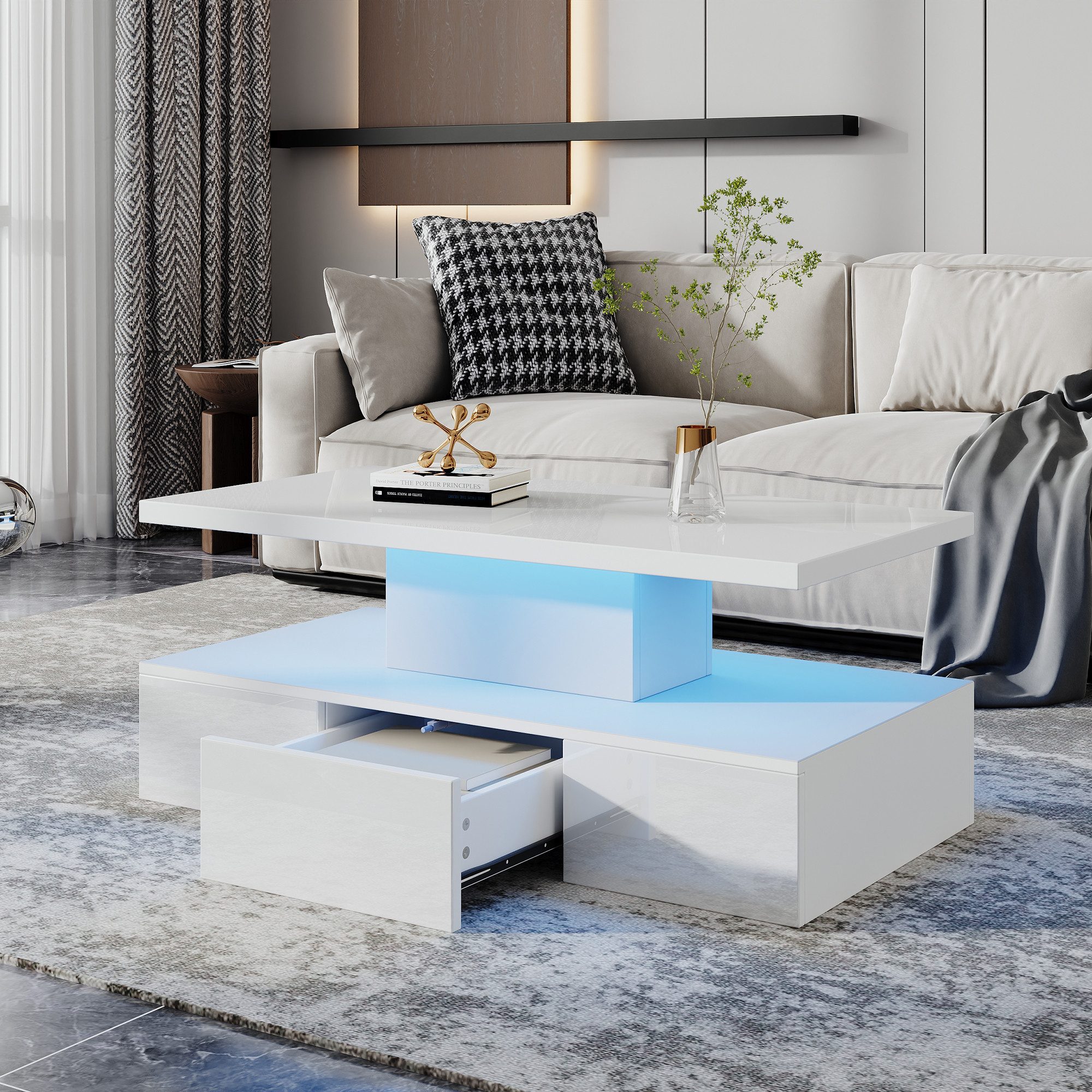 OKWISH Couchtisch kleiner rechteckiger Mitteltisch (Satztisch, Wohnzimmertisch, Kaffeetisch, 1-St., mit offenem Ausstellungsregal und 1 Schiebeschubladen), mit 16-farbigem LED-Licht